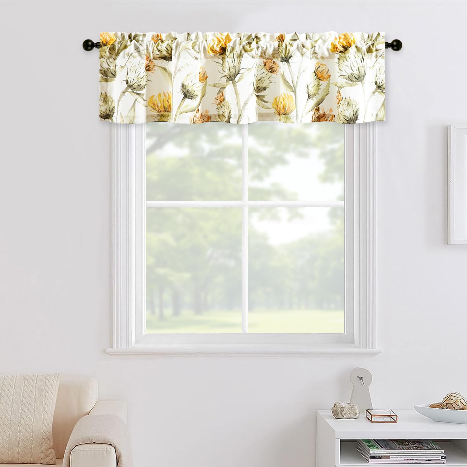 Leeva Rod Pocket White Valances for Windows, Faux Linen Short Drapery Curtains for Bedroom, Blooming Flower Printing Kitchen Valance for Living Room,