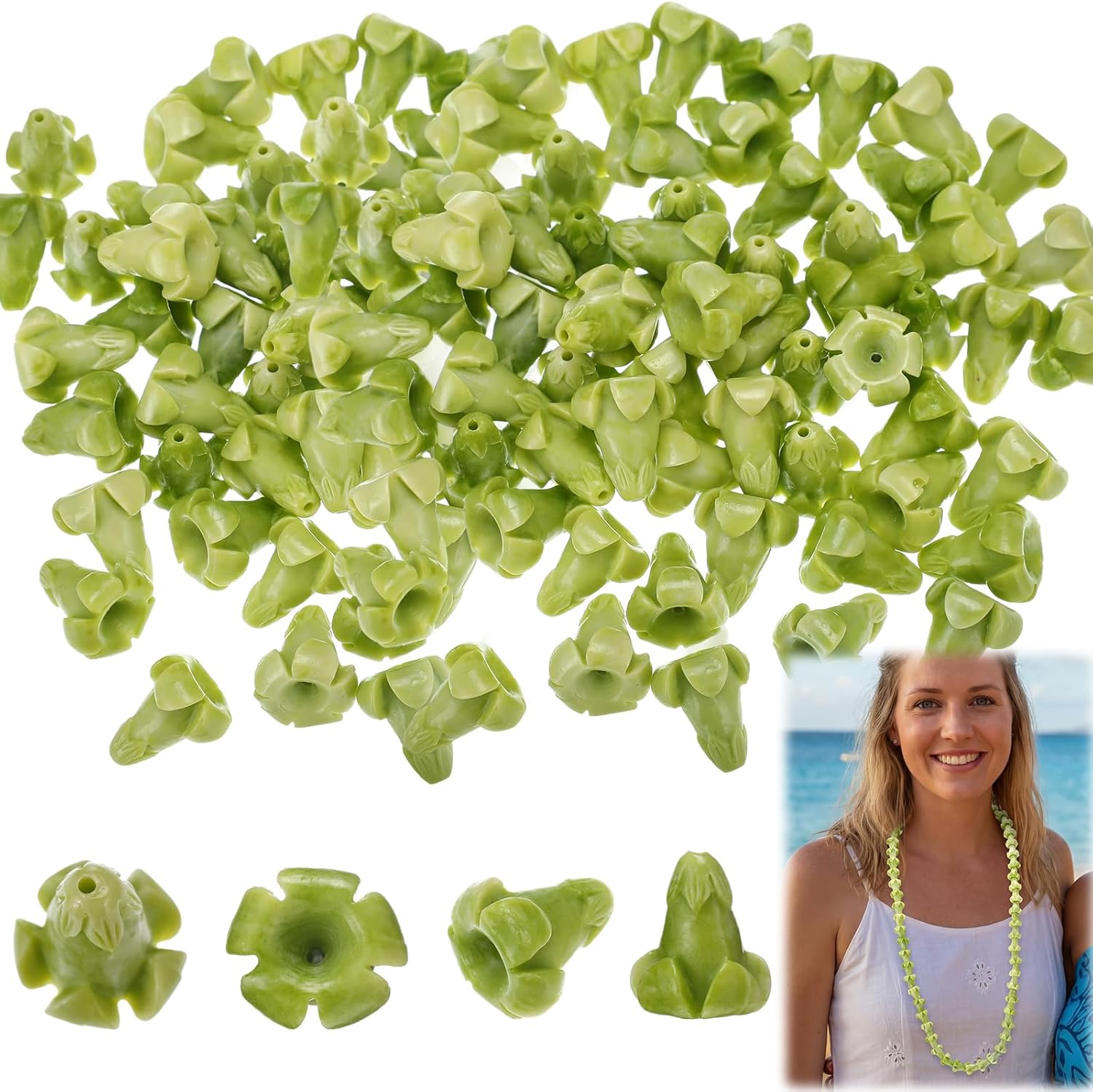 Jutom 100 Pcs Puakenikeni Flower Beads Hawaiian Puakani Flower Beads Bulk Coral Shell Powder for Jewelry Making DIY Crafts Supplies Hair Accessories Hawaiian Party Favors Decorations(Green)