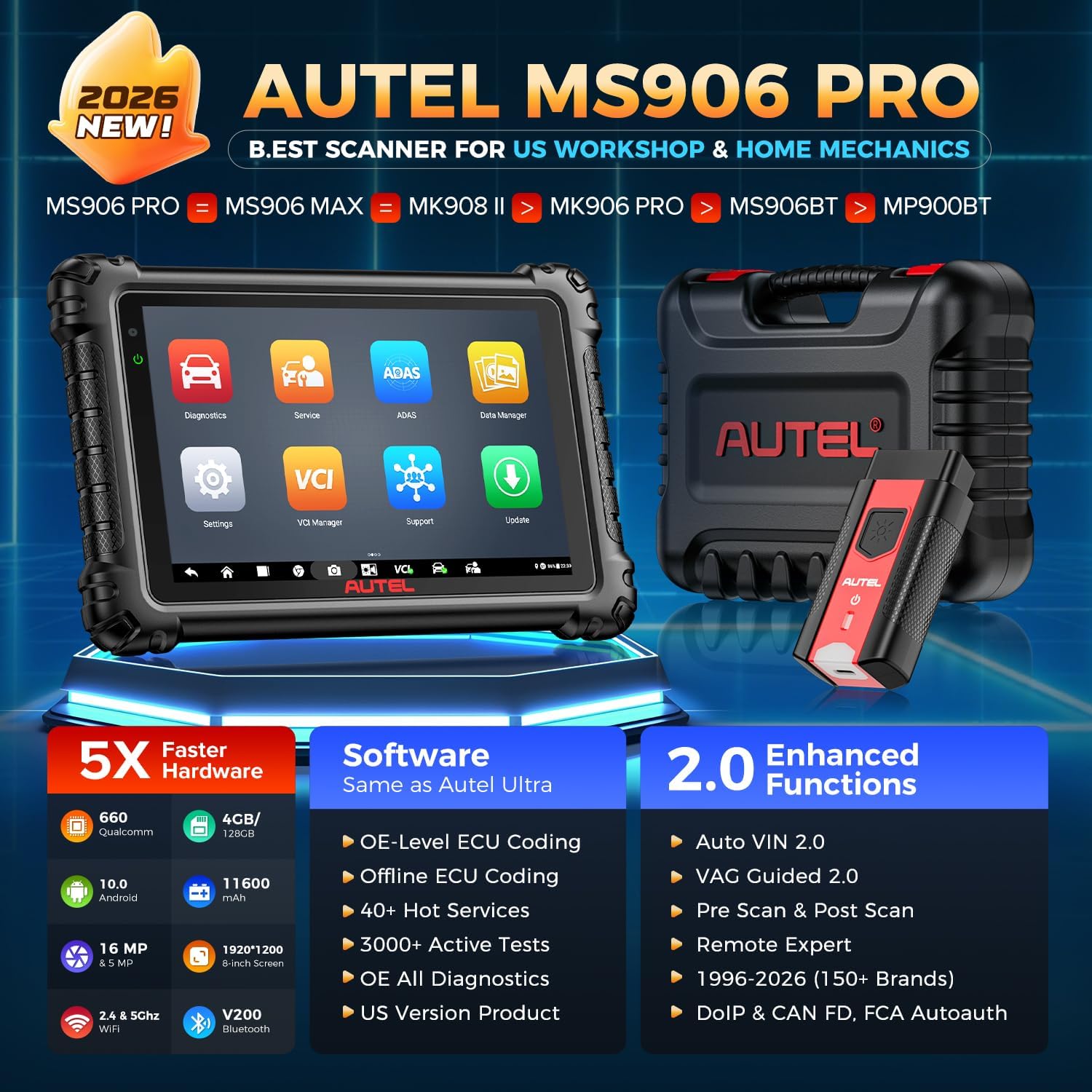 Autel Scanner MaxiSys MS906 PRO, 2026 MS906PRO Same as MS906MAX, 2.0 of MS908S MS906BT, Lite of Elite II PRO, DoIP CAN FD, 36+ Service, 3000+ Active Tests, Auto Scan 2.0, OE Bidirectional Diagnostic
