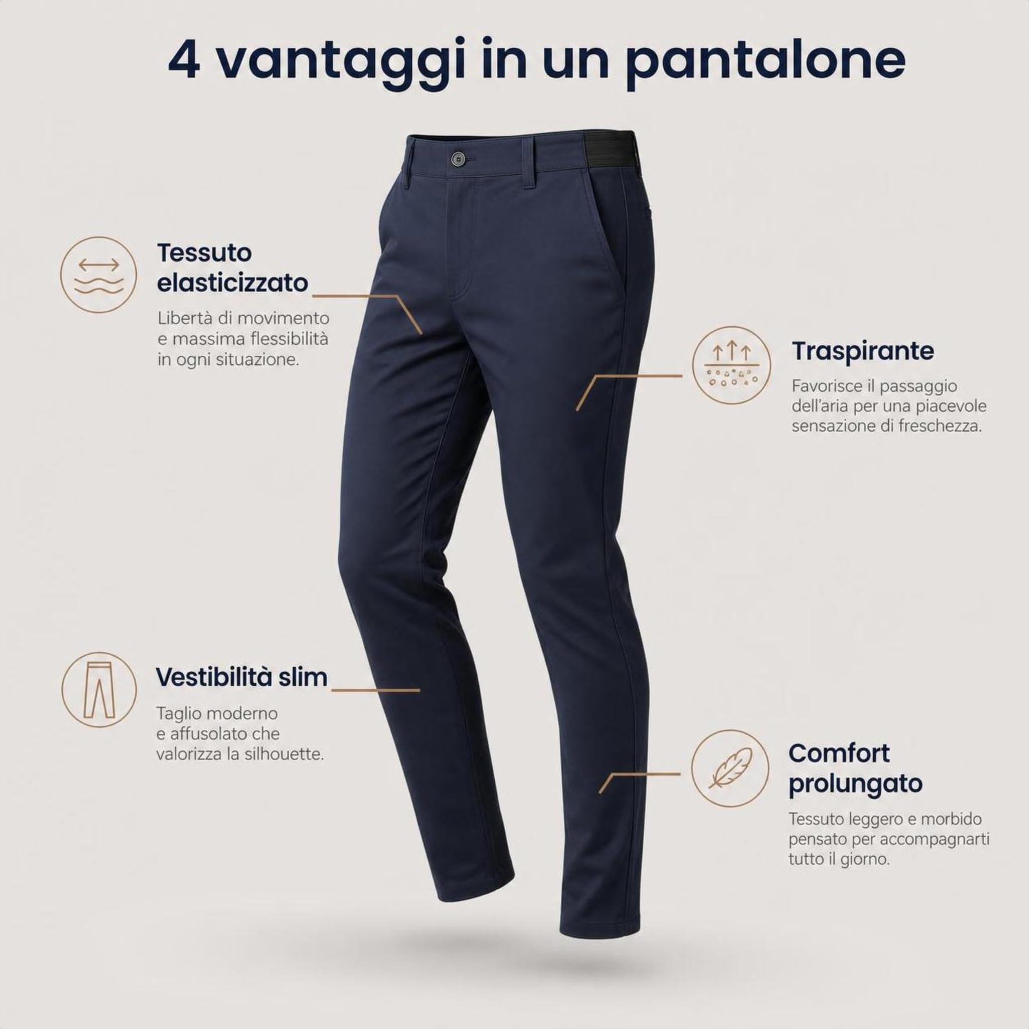 Bellutia Pantalone Elasticizzato MorphoFit Uomo Traspirante e Leggero, Tessuto Stretch con Finitura Pratica e Asciugatura Rapida per Ufficio, Pendolarismo, Viaggi e Giornate Lunghe