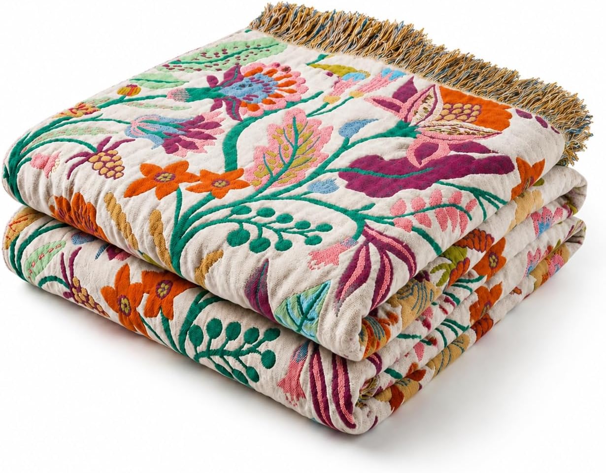 Boho Throw Blanket, 100% Soft Cotton Floral Quilt, Throw 50"x 60"