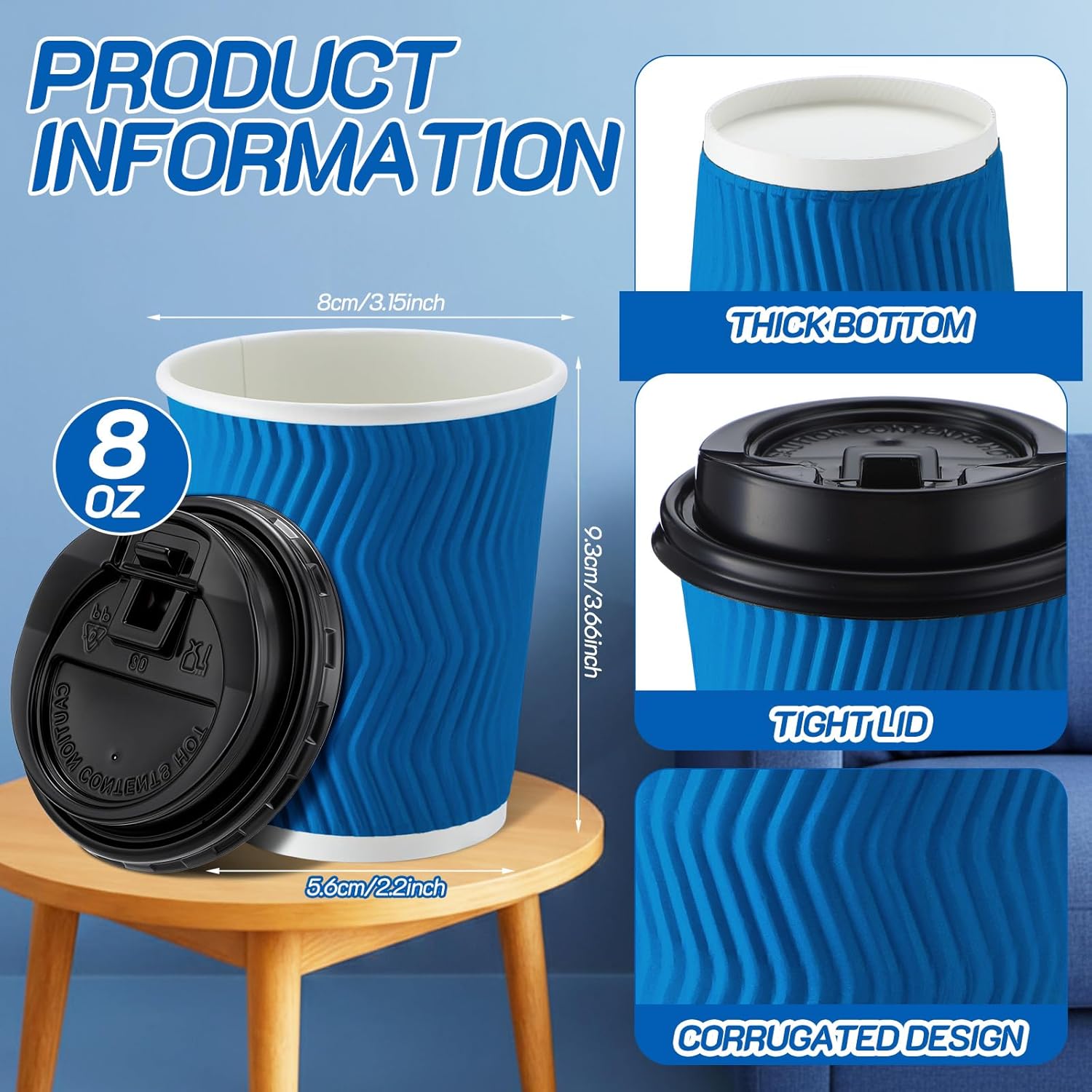 140 Set 8 oz Disposable Coffee Cups with Lid Insulated Corrugated Paper Hot Cup Bulk Ripple Wall Insulated Water Mug Suitable for Chocolate Cocoa, Juice, Drink(Wavy Pattern,Blue) - Image 3