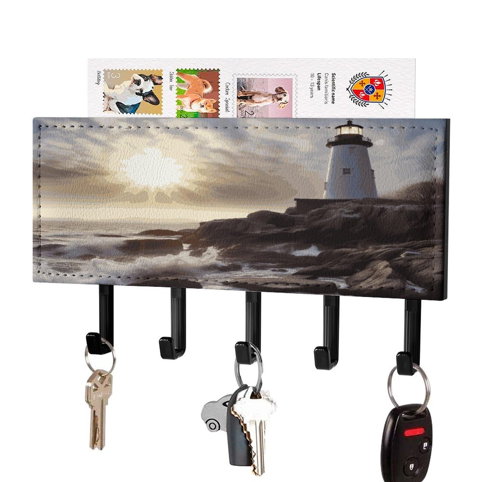 FekiLoot Lighthouse Rocks Seaside Key Holder Wall Mount Key Hooks for Wall Decorative with 5 Hooks PU Mail Rack Organizer with Shelf for Entryway Mudroom Hallway Office 7.1X4.3 in