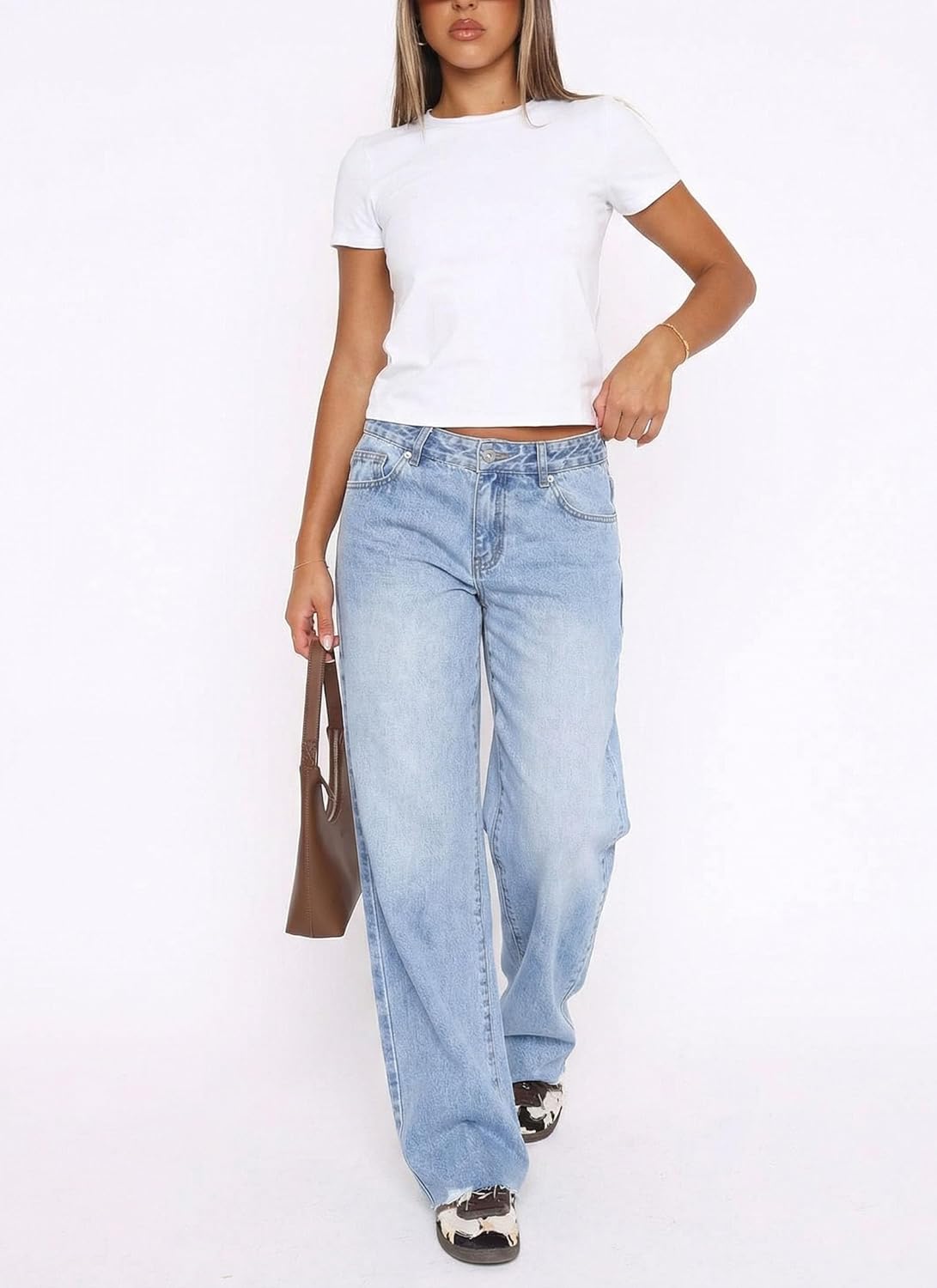 Women's Baggy Mid Low Waist Jeans Wide Straight Leg Loose Boyfriends Denim Jeans - Image 7