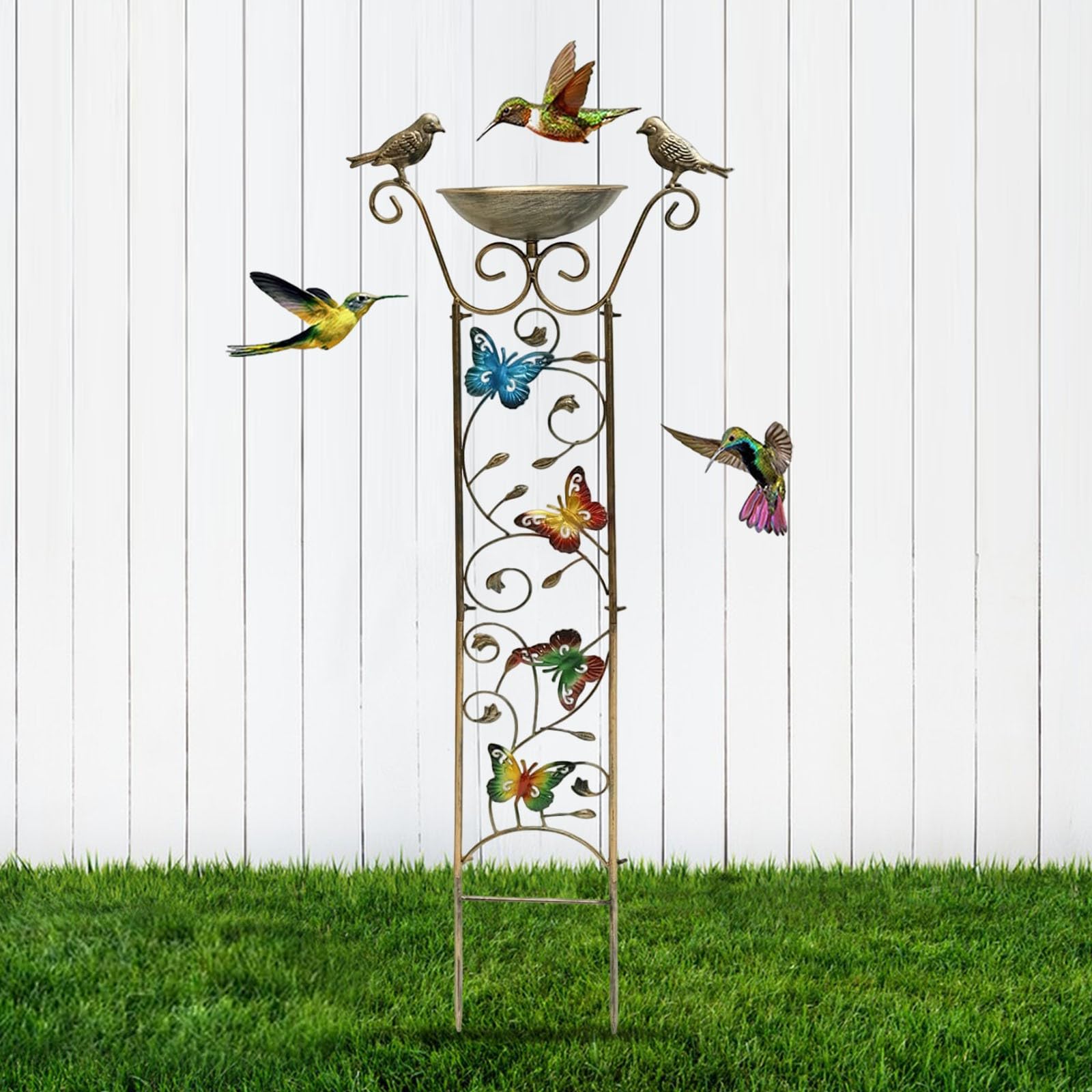 Stabile Vogeltränke aus Metall für den Garten Schmetterling Kolibri Form stehend Vogeltränke mit Erdspieß stehend Outdoor Wasserschale einfach zu montieren 105 x 37 cm (A)