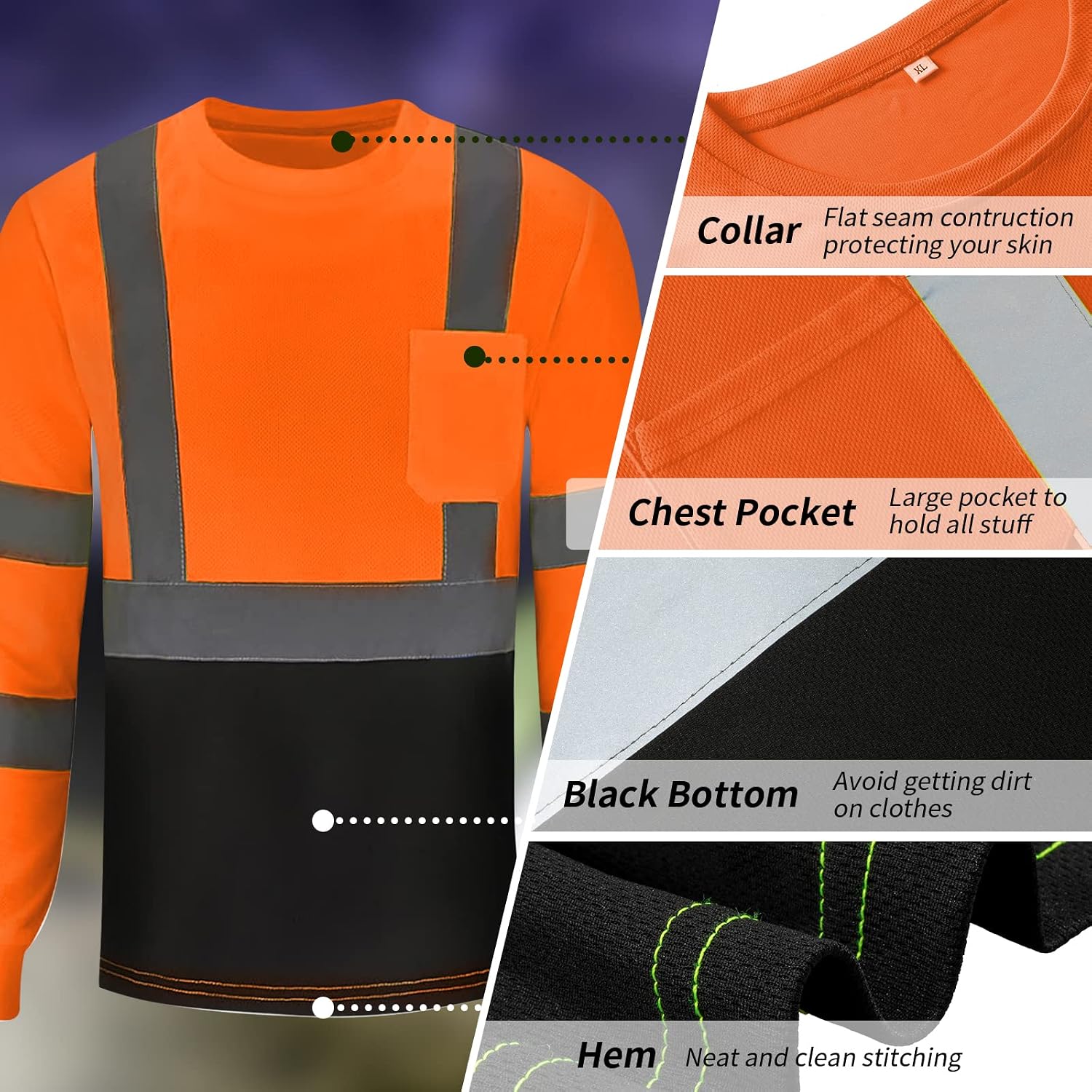 JaGely 6 Pcs High Visibility Safety T Shirts Long Sleeve Hi Vis Work XL Reflective with Pocket for Men