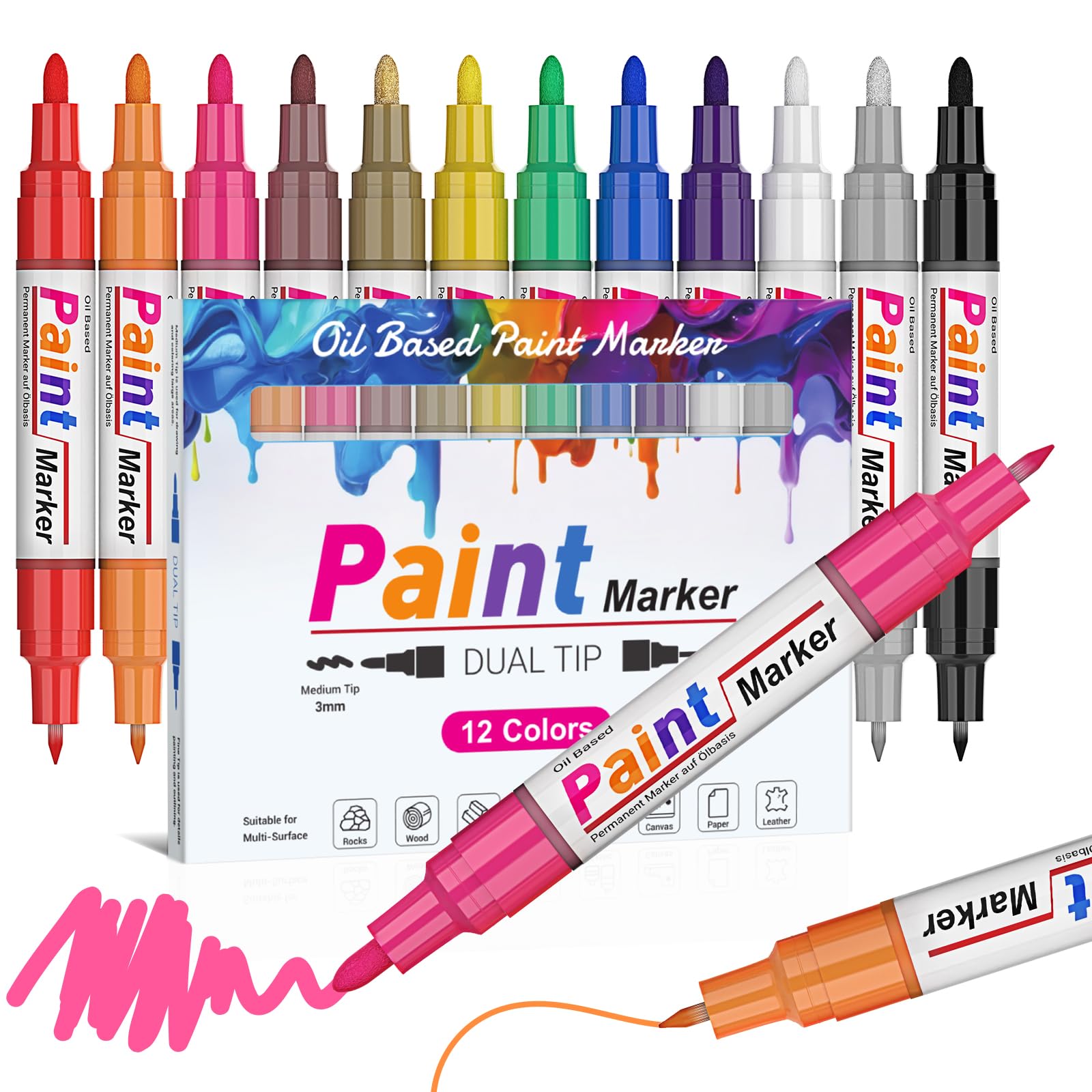 Dual Tip Paint Pens - 12 Permanent, Quick Dry, Waterproof Paint Markers for Rock, Metal, Plastic, Glass, Wood, Canvas