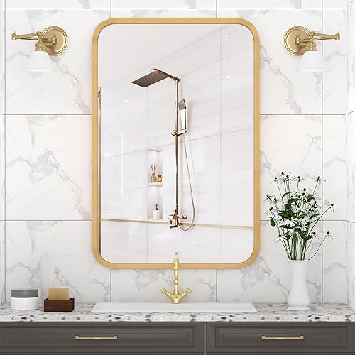 Miniatura 2 de FUWU HOME Espejo de baño de madera para pared, 20 x 30 pulgadas, espejo rectangular de esquina redondeada con marco de madera para el hogar, sala de