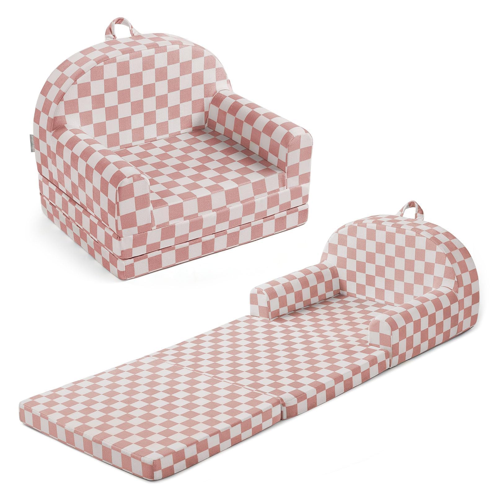 Blissful Diary Foldable Kids Couch, 2-in-1 Kids Sofa Chair, Blush Check