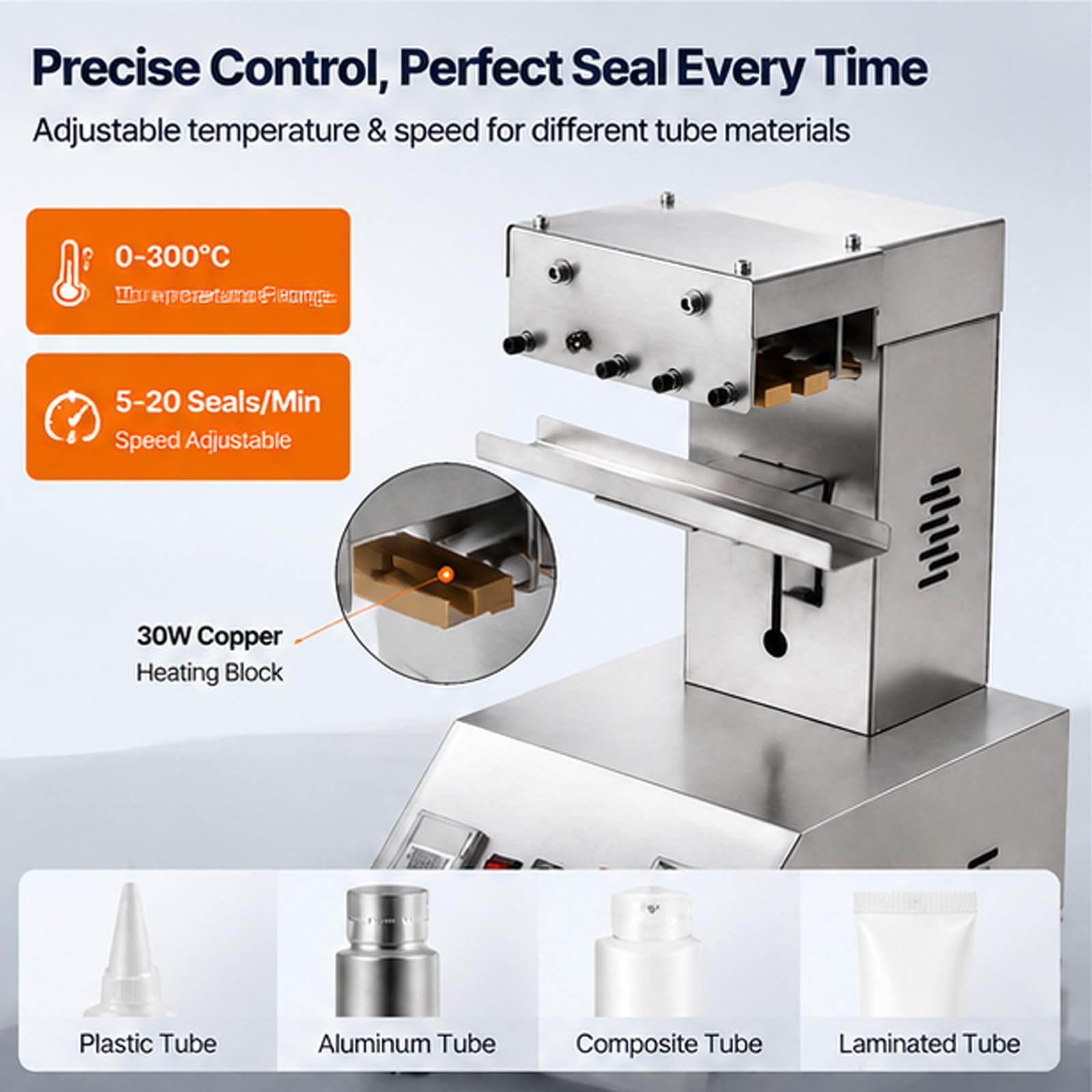 Sellador eléctrico de tubos de plástico, 0-300°C | 5-20 piezas/minuto, acero inoxidable 304, sellador de tubos de calentamiento semiautomático para compuestos y aluminio