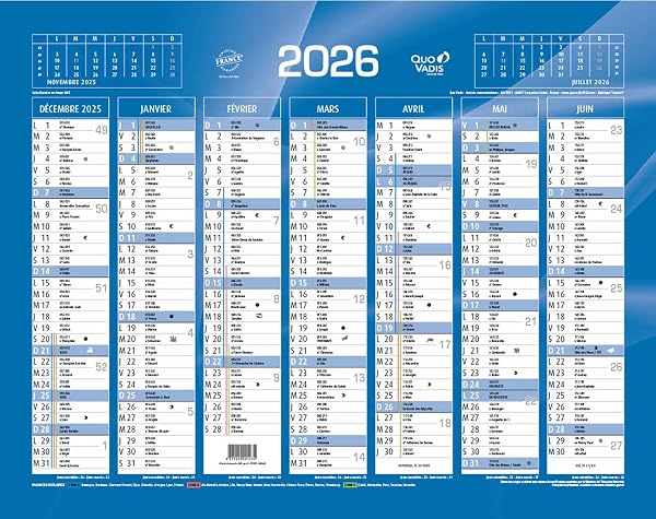 Quo Vadis 2026 Calendrier de Banque Bleu 43x34 cm