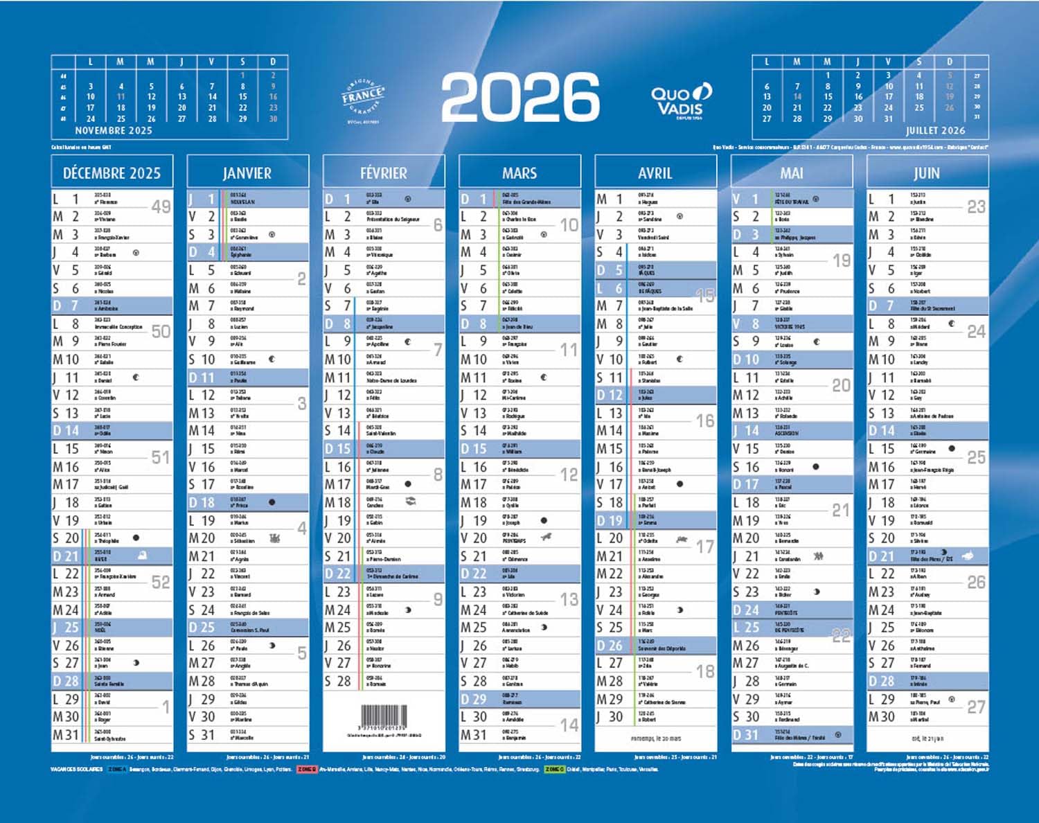 Calendrier De Banque Quo Vadis Bleu 43x34 cm Année 2026 Carton Rigide