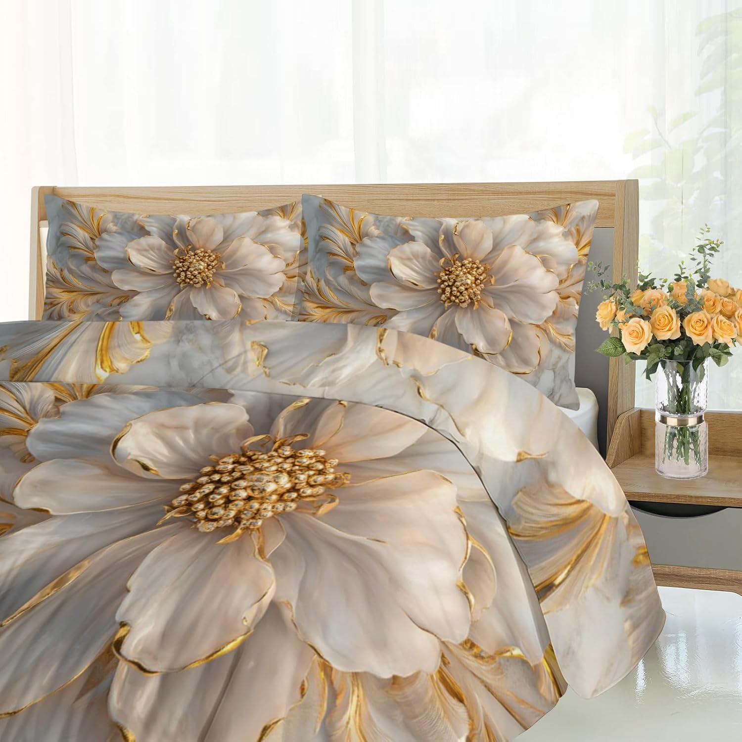 Duvet Cover Twin, Marble Bedding & Home Decor, Embossed Floral Comforter Cover with 2 Pillow Shams & Zipper, Light Luxury Floral Bedroom Decor, Nordic Marble Gifts image 3
