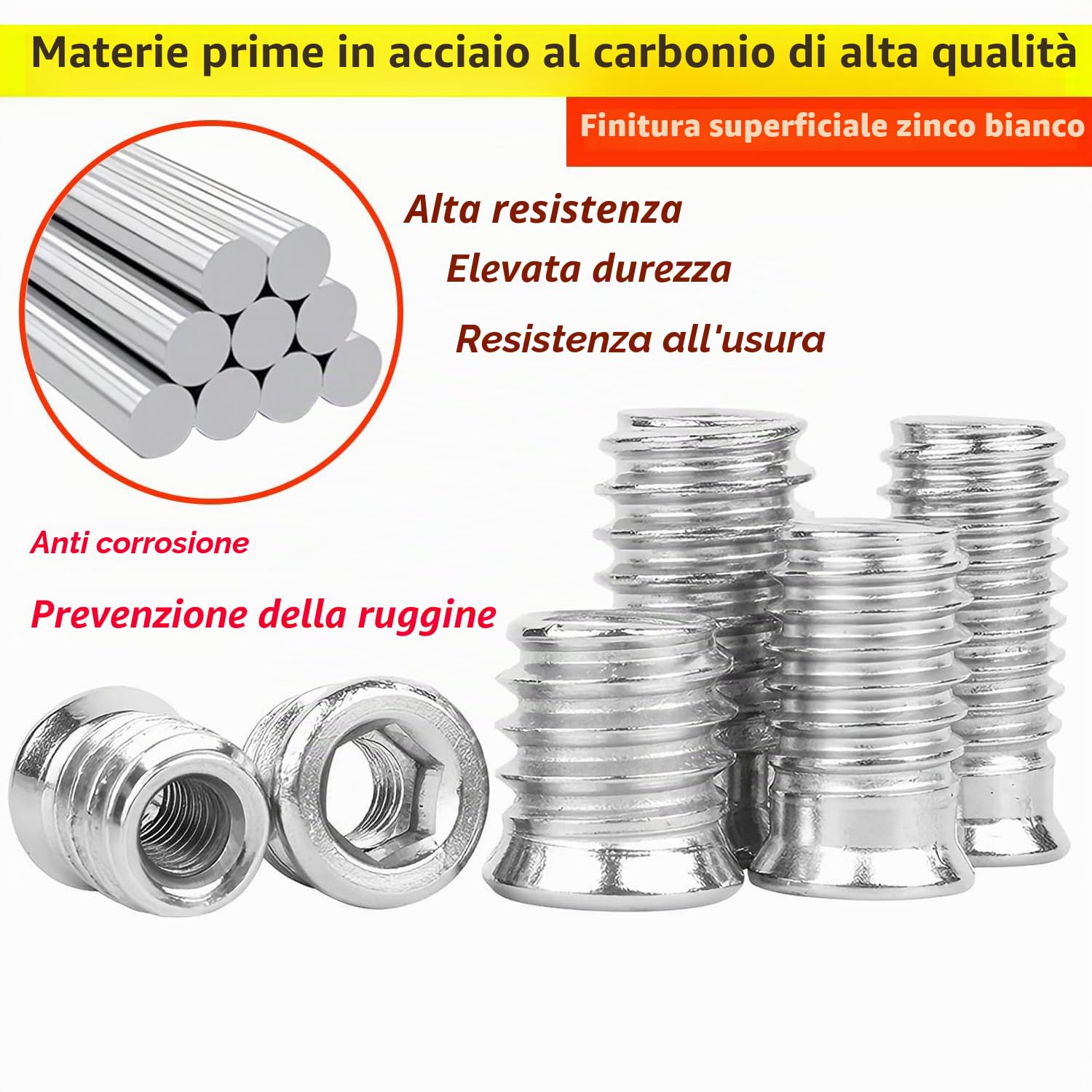 25 Pezzi Dadi Filettati, M5 x 12mm Inserto Filettato in Legno, Dadi Esagonali per Mobili in Legno, Vite a Esagono Incassato in Acciaio al Carbonio