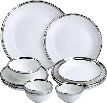 12-Piece Porcelain Dinnerware Set with Silver Rim- Durable Porcelain Plates & Bowls, Complete Service for 4