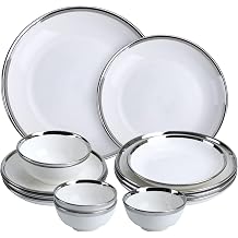 12 Pieces Porcelain Dinnerware with Silver Rim,Stoneware Plates and Bowls Sets Service for 4,Handmade Ceramic Dish Set, Highly Chip and Crack Resistant Modern Plate Set, White and Silver