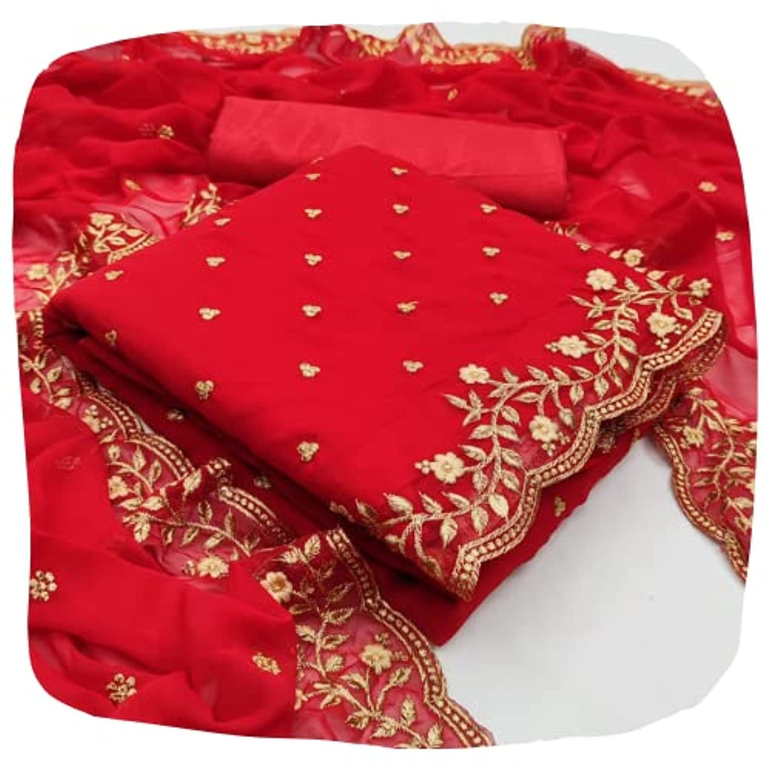 Ethnic JunctionWomen's Georgette Embroidered Unstitched Salwar Suit Dress Material, Red, 2XL