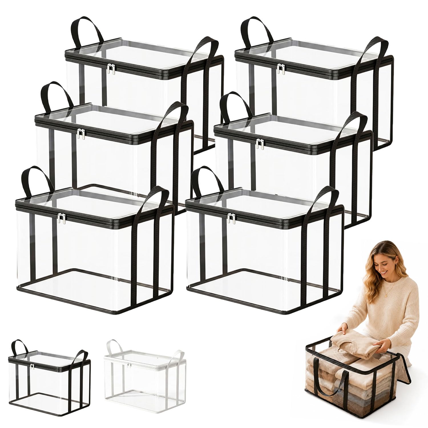 Hawiat 2026 New Large Clear Thick Plastic Storage Box with Hinged Lid, Clear Storage Box Heavy Duty Stackable Organizer for Clothes Camping Moving Attic (6pcs*black)