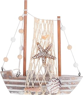 LUOZZY Vintage Wooden Sailboat Model with Weathered Finish and Seashell Accents for Coastal Home Decor