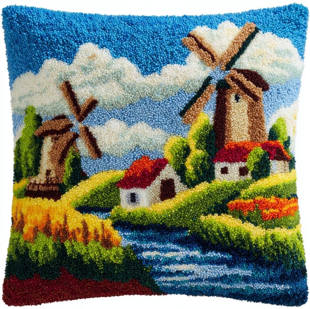 WallustrioaW Latch Hook Pillow Kits Pillow Cover,Windmills in the Village