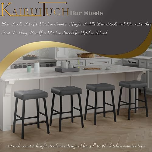 Miniatura 8 de Taburetes de bar grises de 24 pulgadas, taburetes de altura de mostrador con asiento tapizado acolchado para desayuno, isla de cocina, bar en casa,