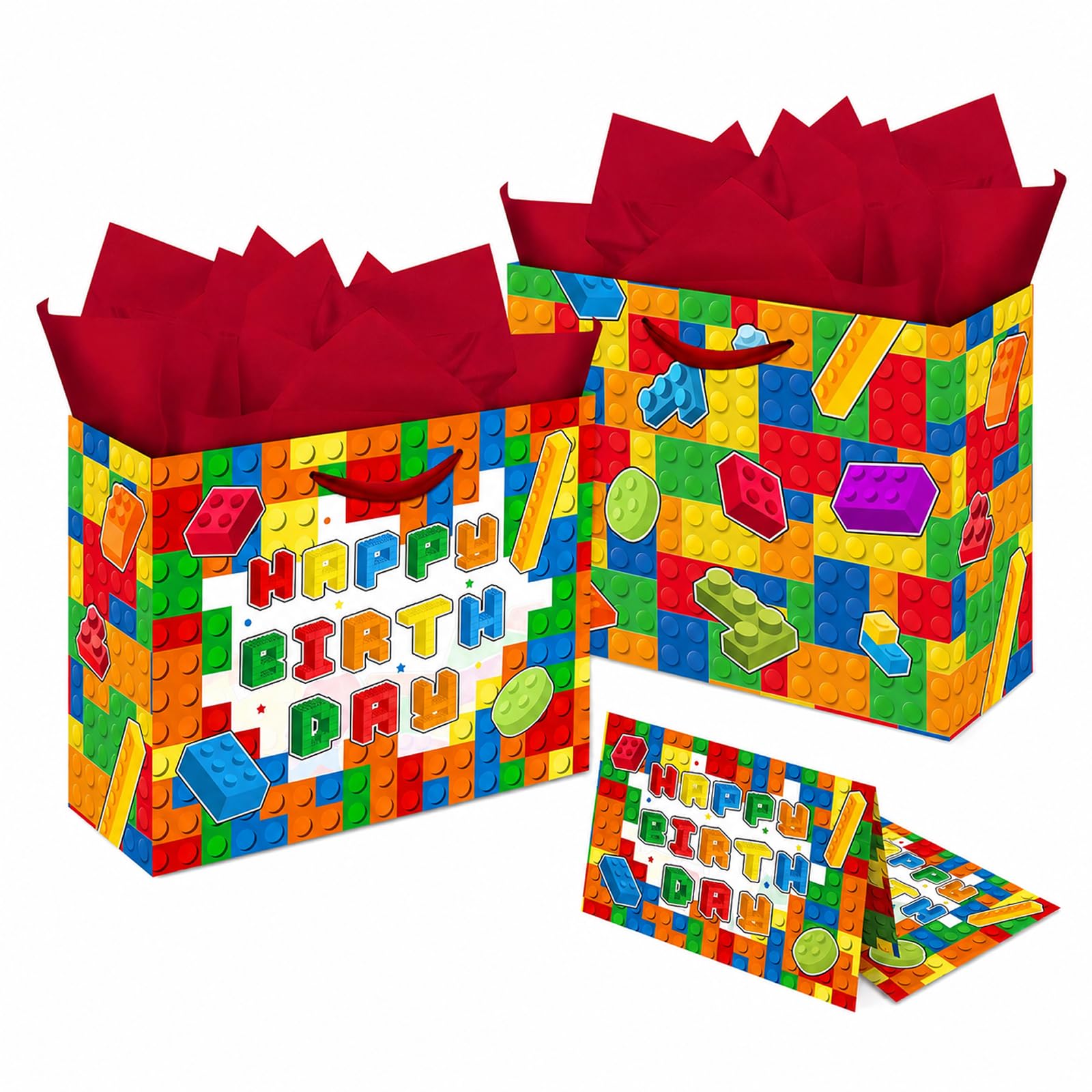 Elunpoe Building Brick Birthday Gift Bag Set with Matching Card & Red Tissue Paper, Colorful Block-Themed Happy Birthday Present Bag for Kids Boys Girls, School Favors, Party Gift Wrap Supplies, 13" x 4.9" x 10.2"