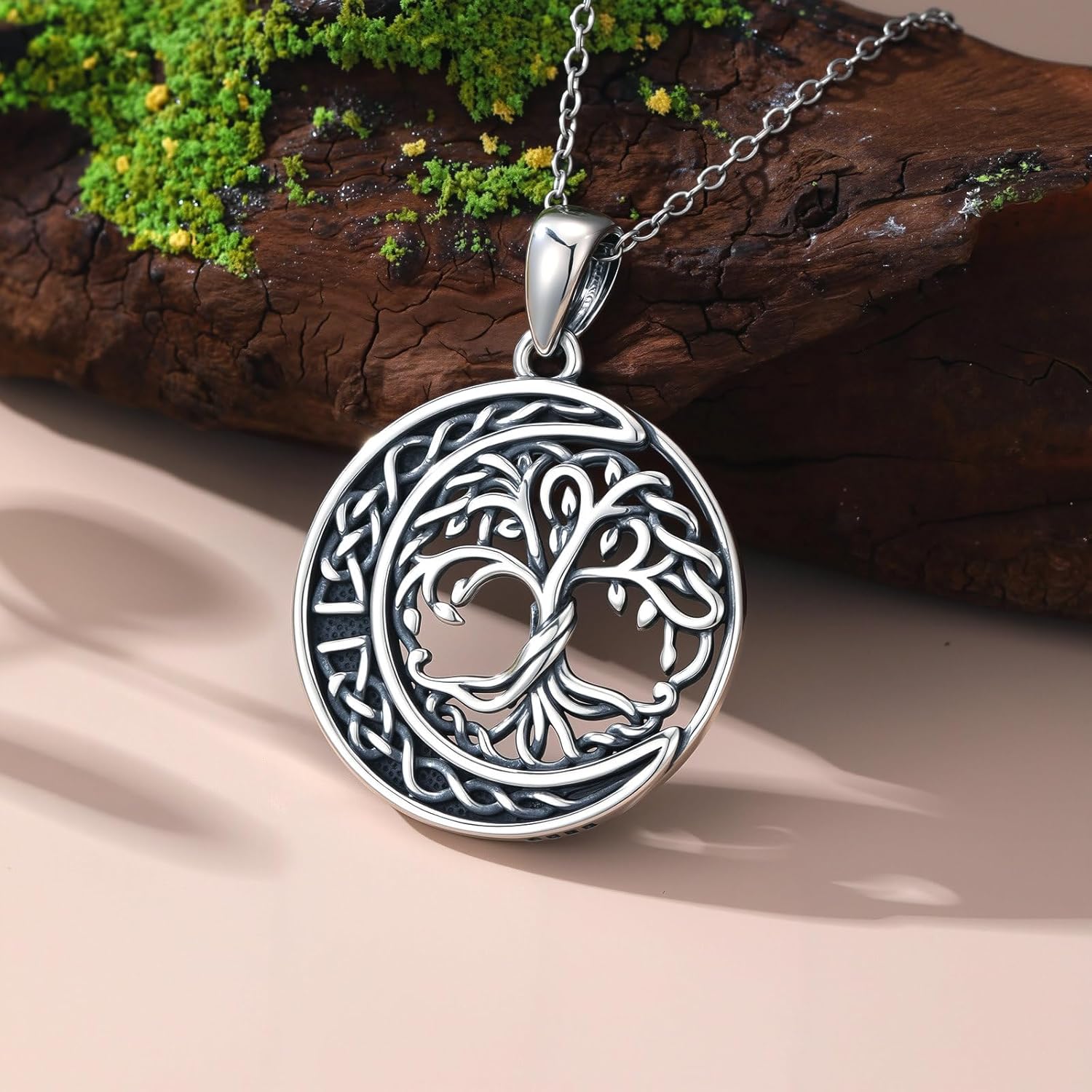 Tree of Life Necklace S925 Sterling Silver Celtic Moom Pendant Necklace Circle Jewelry Anniversary Birthday Gift for Women Men 20" - Image 2