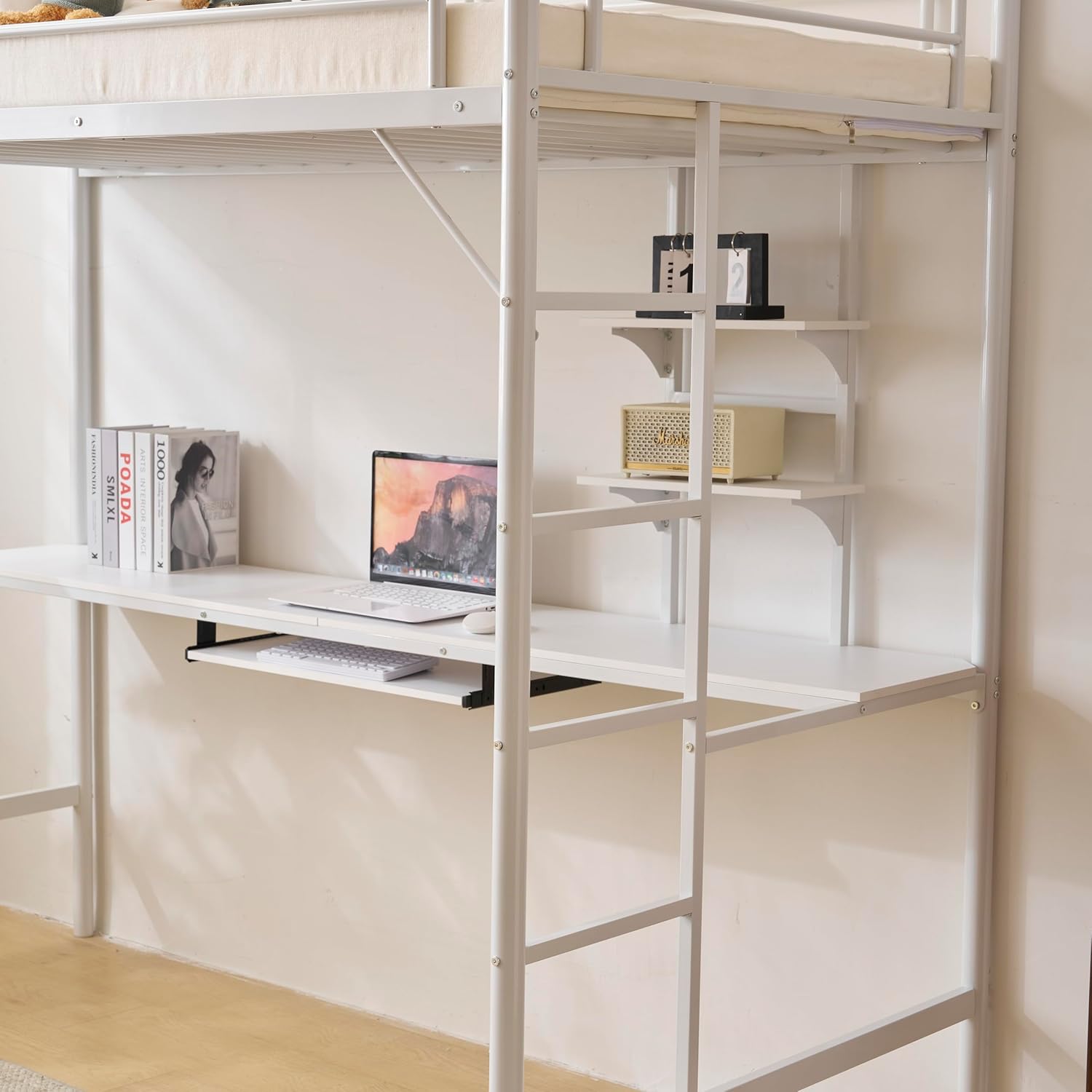 Side view of Karl home Twin Loft Bed showing desk and shelves