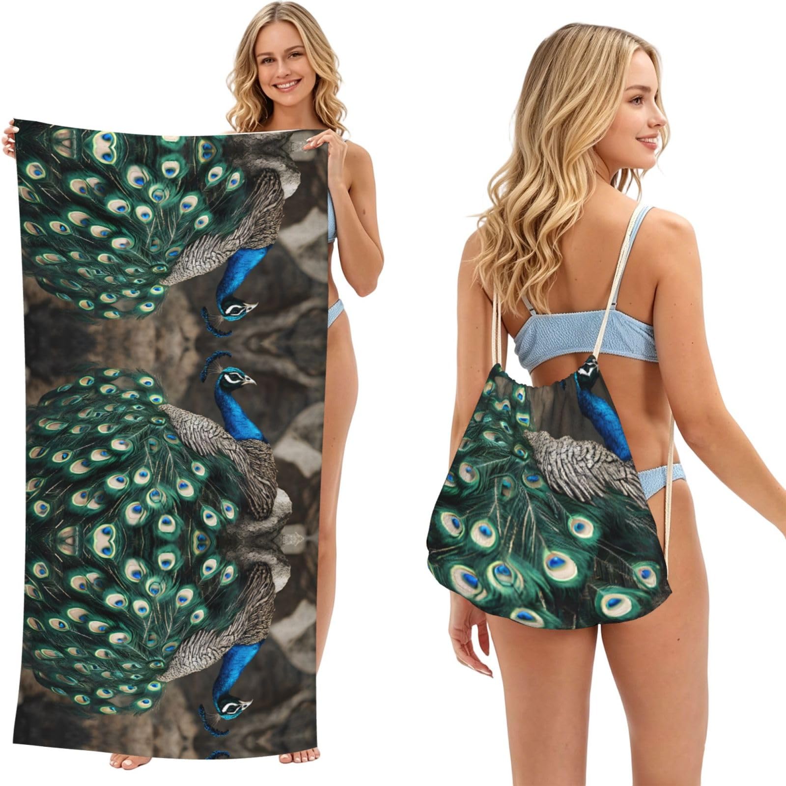 ESNAIUVCD Green Peacock Feather Print Beach Towel For Adults,Towel With Drawstring Bag, Travel Pool Swimming Sports Shower Sand Free Quick Dry Bath Towel For Pool, Beach, Yoga- 180x60cm