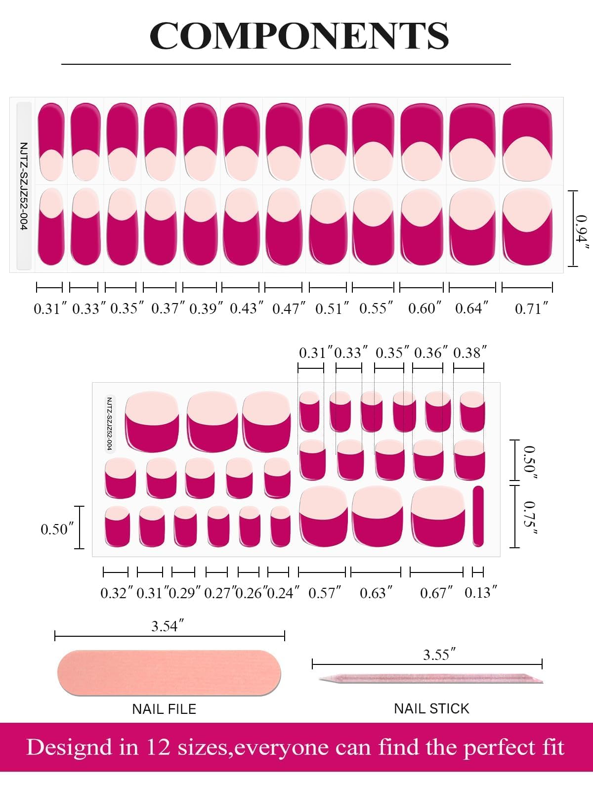 EBANKU Lot de 52 bandelettes de gel semi-durcies pour orteils, ongles de salon de coiffure durables avec lime à ongles et bâton (rouge rose français)