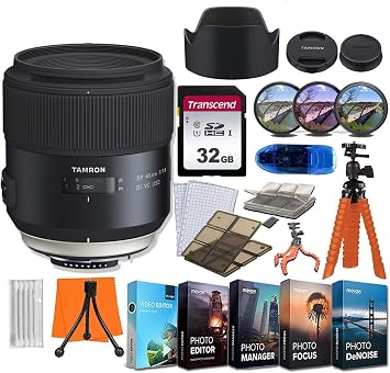 Tamron SP 45mm f/1.8 Di VC USD Lens for Canon EF Cameras w/ 32GB Memory Card + Photo/Video Editing Software + Spider Flex Tripod & Basic Travel Accessory Bundle