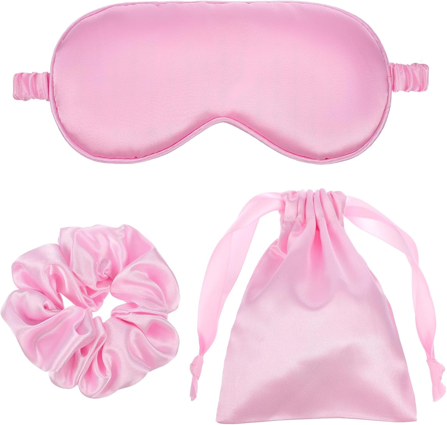 Silk Satin Sleeping Mask Set, Include 1 Double Layer Satin Filling Eye Cover 1 Scrunchie 1 Storage Bags, Pink Soft Breathable Blackout Eyeshade for Women Sleep Travel Nap Bridesmaid Gifts (Pink)