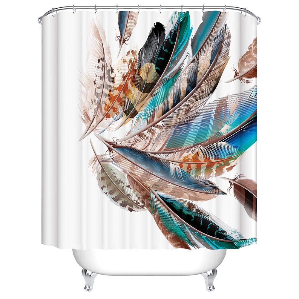 BOYOUTH Colorful Feather Pattern Digital Print Bath Shower Curtains for Bathroom,Polyester Waterproof Fabric Bath Curtain with 12 Hooks,70x70 Inches,Multicolor