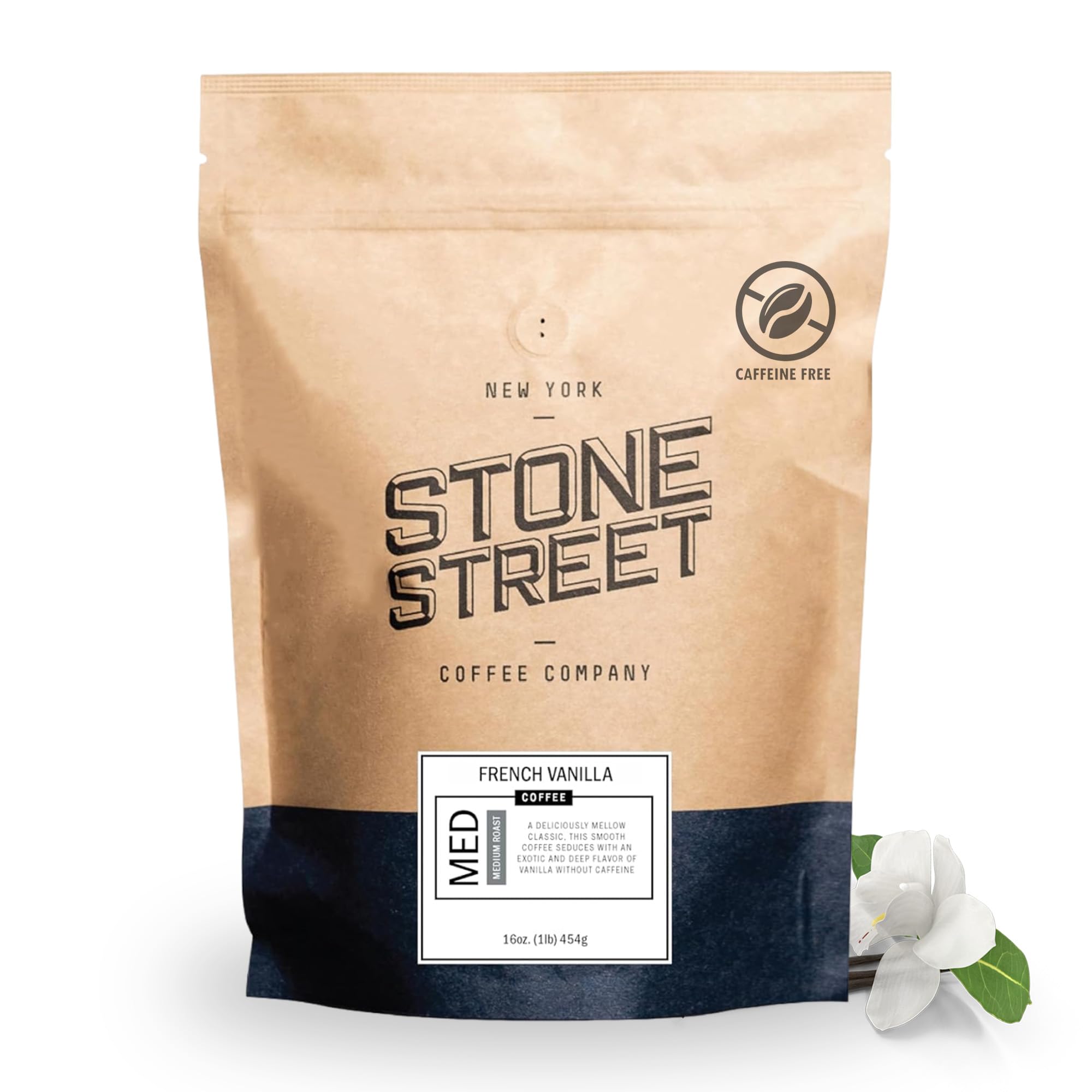 Stone Street Flavored Ground Decaf Coffee, Vanilla Flavor, Freshly Roasted, 100% Colombian Arabica, Gourmet Decaffeinated Coffee, Medium Roast, 1 LB