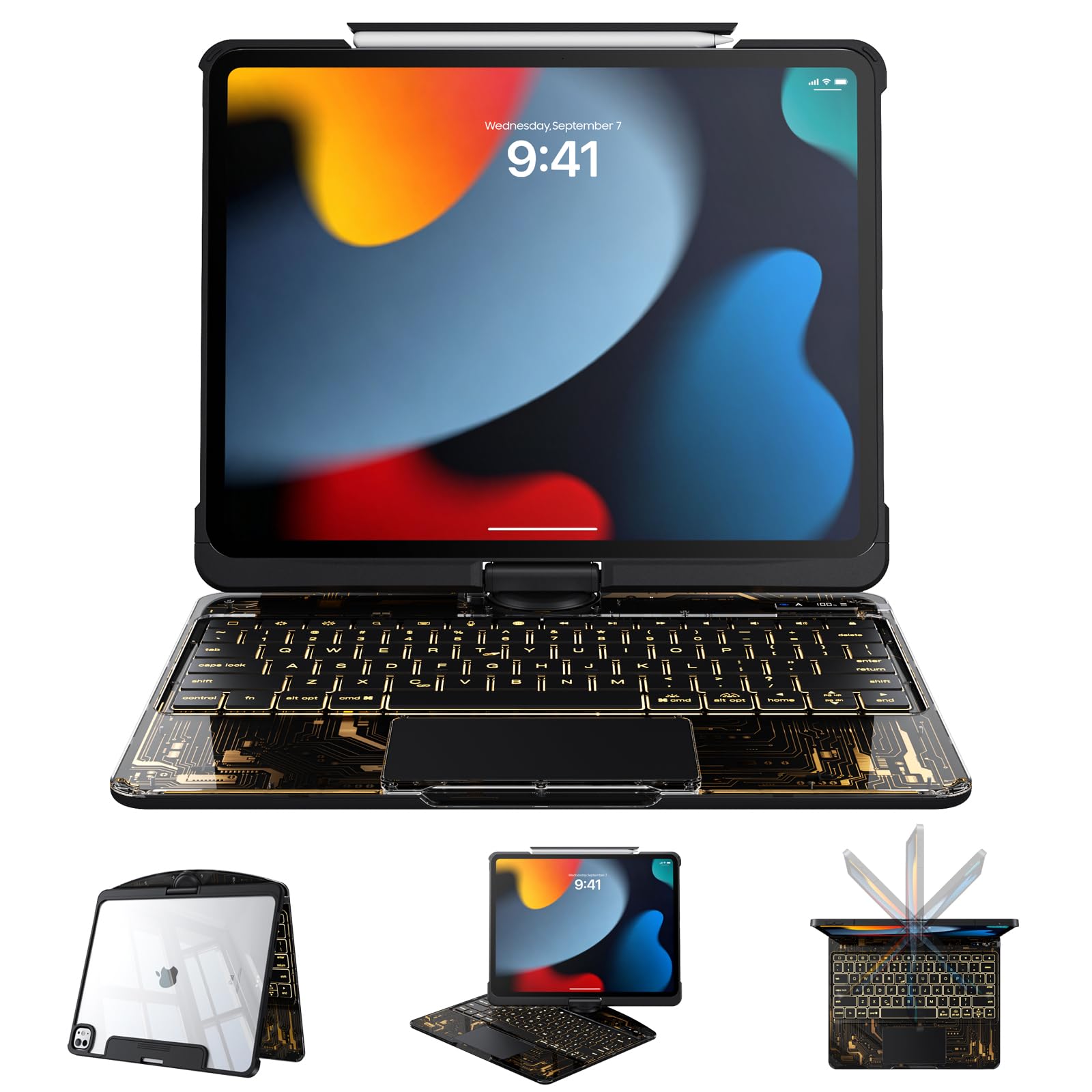 Clear Case with Keyboard for iPad 9th/8th/7th Gen 10.2 Inch, 360°+180° Rotating iPad Keyboard (2021/2020/2019), LCD Display, Pencil Holder, 7-Color Backlit, Multi-Touch Trackpad, Black