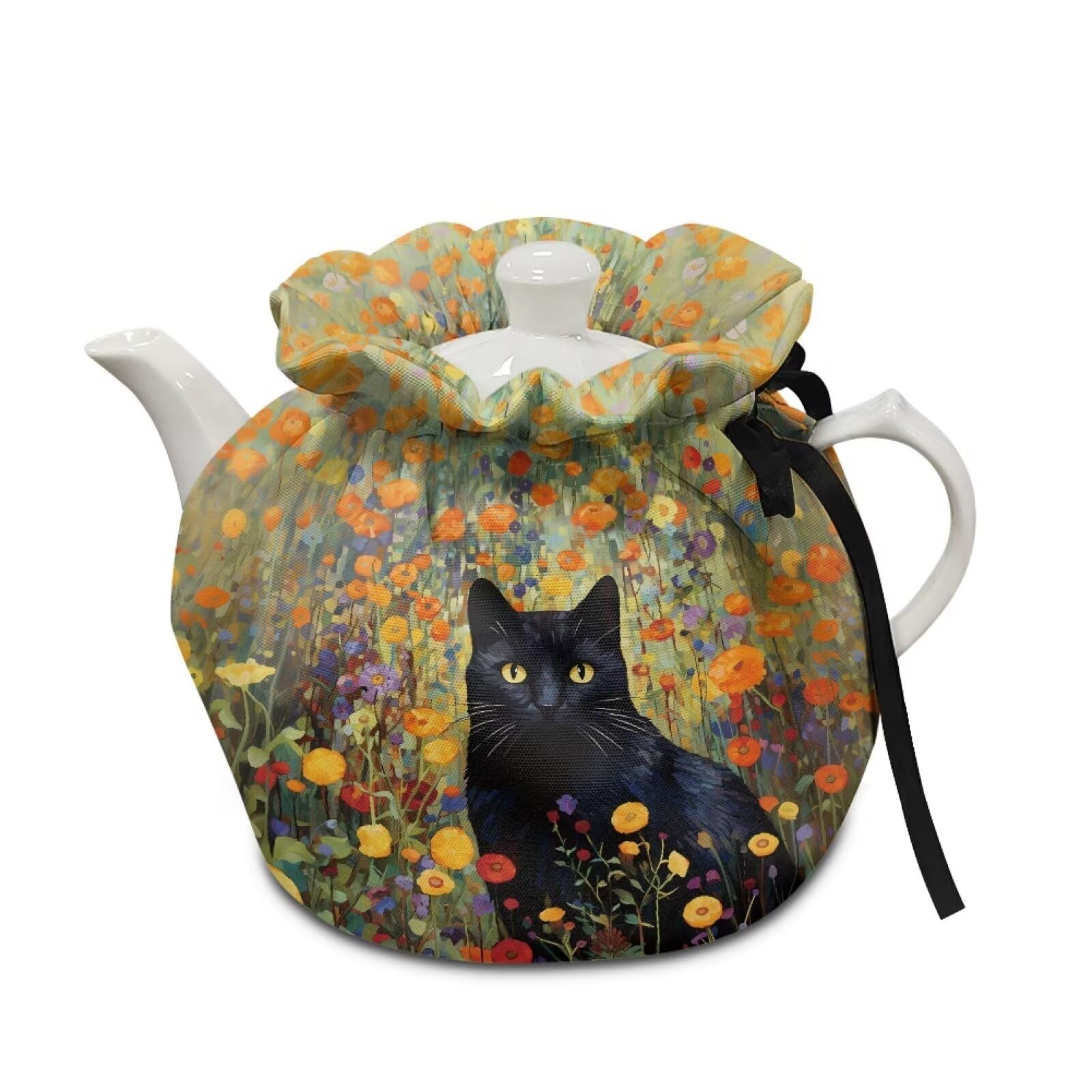 Xoenoiee Black Cat Floral Print Tea Pot Cosy Cotton Tea Cozy for Teapots Dust Cover Insulated Kettle Cover Teapot Warmer for Home Kitchen Decorative Accessories