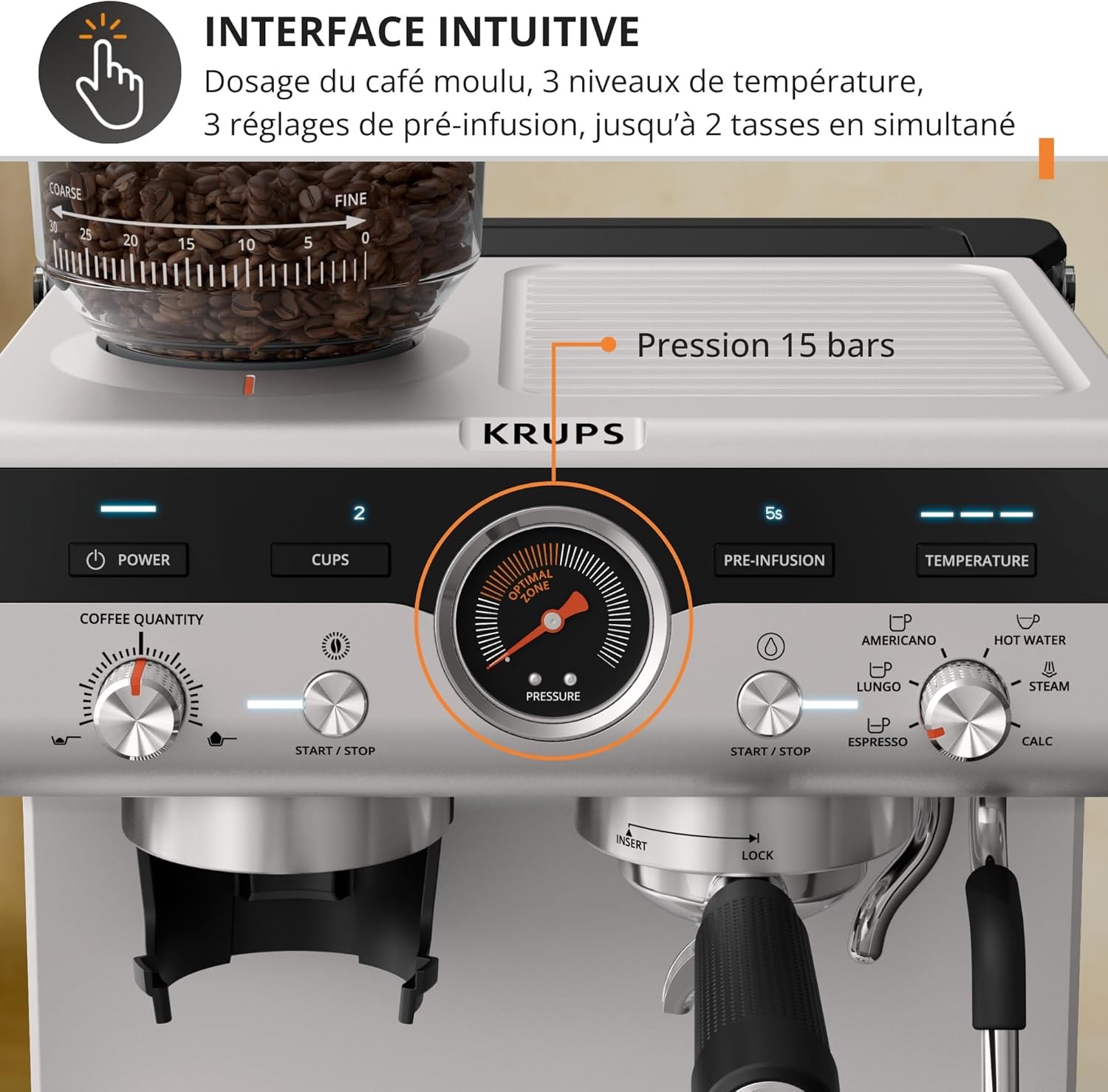 Krups espresso machine control panel with pressure gauge and intuitive buttons.