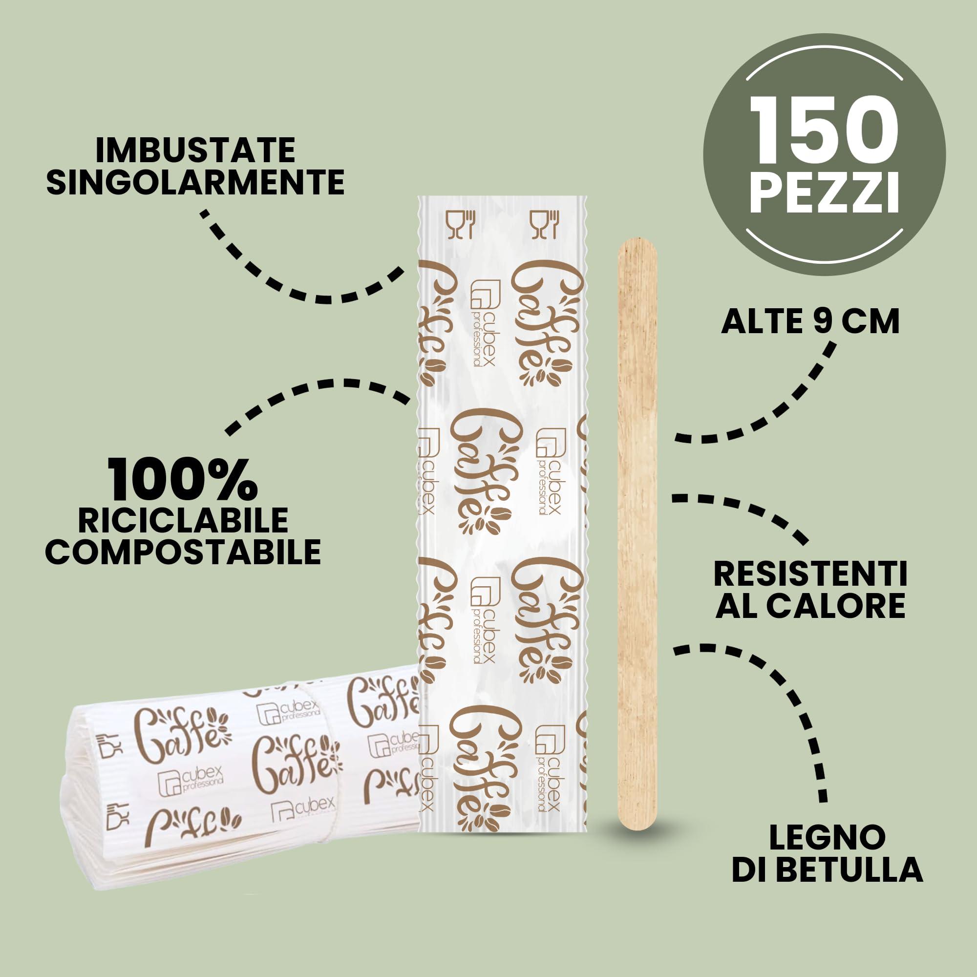 cubex professional Kit Caffè 450 Pezzi Formato da 150 Bicchierini in Cartoncino riciclabili da 75 ml, 150 Bustine di Zucchero e 150 Palettine in Legno 9 cm