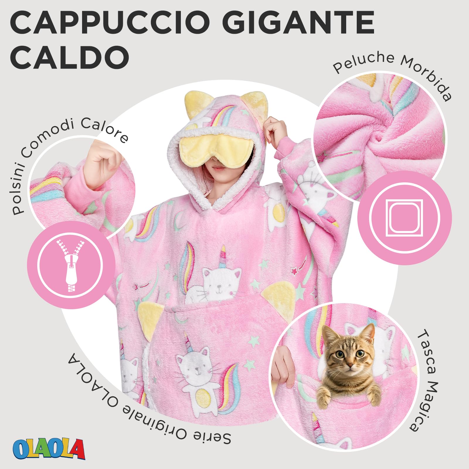 OLAOLA Gatto Felpa con Cappuccio Indossabile che si Illumina al Buio,Felpa Oversize con Cappuccio e Tasche, un Grazioso Regalo di Compleanno e Natale per Adulti