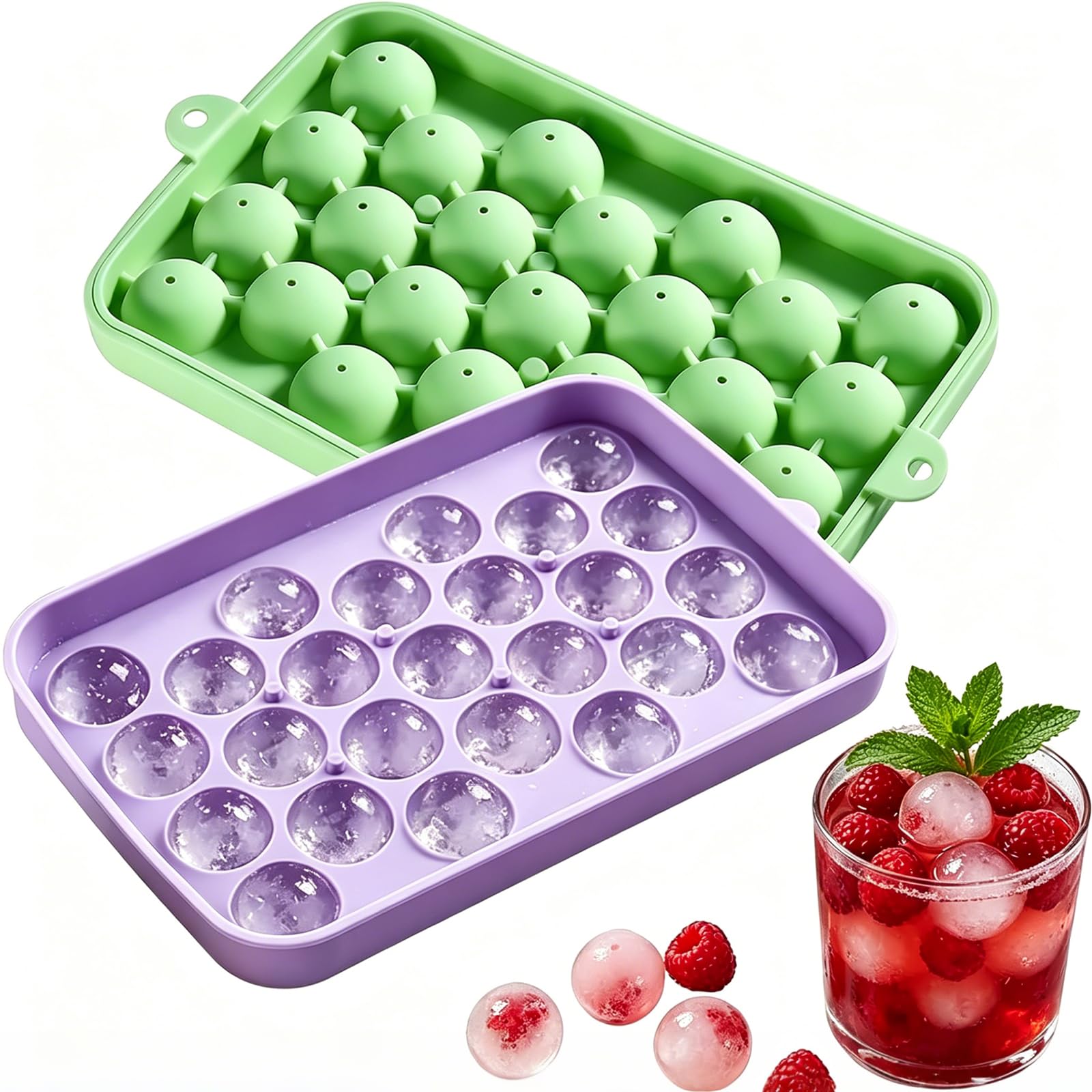 2 Pcs Sphere Ice Cube Mould, Round Ice Cube Tray, Silicone Ice Cube Trays with Lids, Round Ice Ball Mould for Whiskey Cocktails Coffee Tea, Twenty-Five Cavity Ice Cube Moulds for Freezer Use