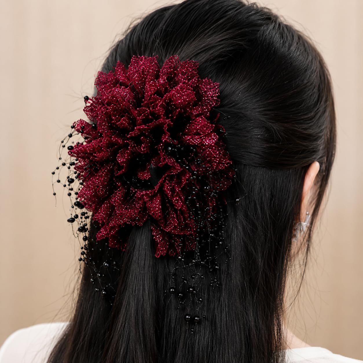 Floral Lace Pearl Hair Scrunchie for Women & Girls | Net Flower Elastic Hair Tie | Fashion Hair Accessory | Maroon/Black (MAROON)-image-38