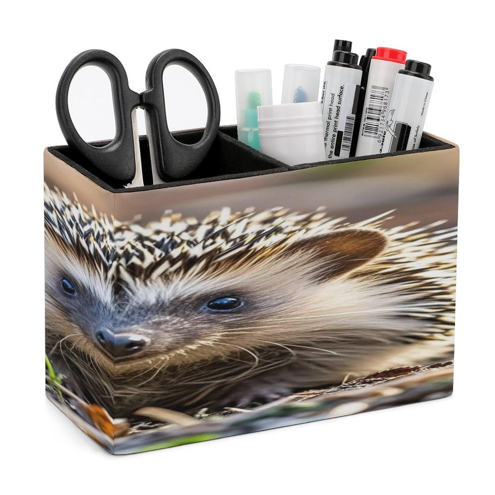 LZQPOEAS Hedgehog Leather Pen Holder with 2 Compartments Luxury Pencil Holder Minimalist Pencil Cup Brush Scissor Holders Elegant Pen Cup for Office Home Desk Accessories