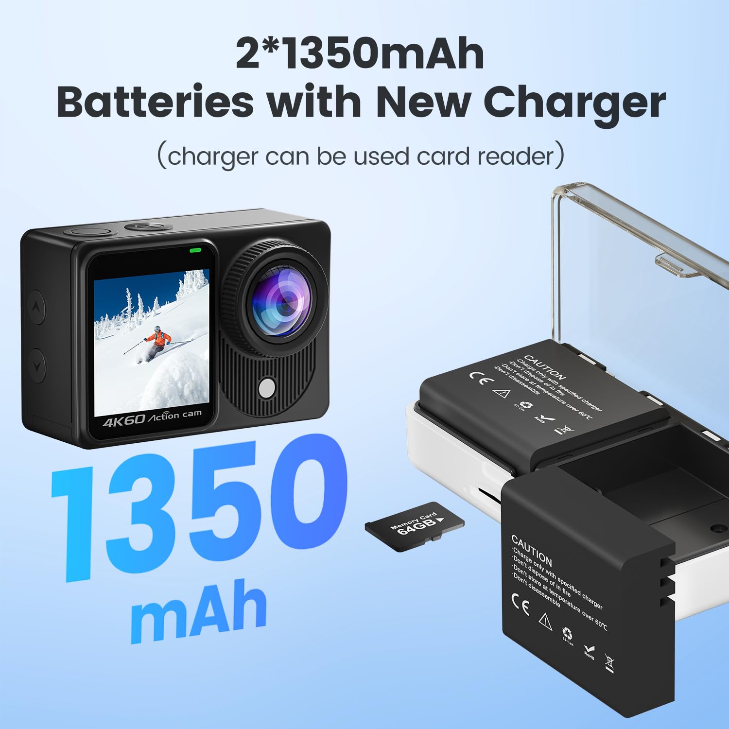 Touchscreen 4K60FPS Action Cam mit 64G Karte, 40M Unterwasserkamera 48MP HD WiFi Kamera mit EIS 8X Zoom Wasserdicht Actionkameras Weitwinkel Sportkamera mit 2 * 1350 mAh Akkus