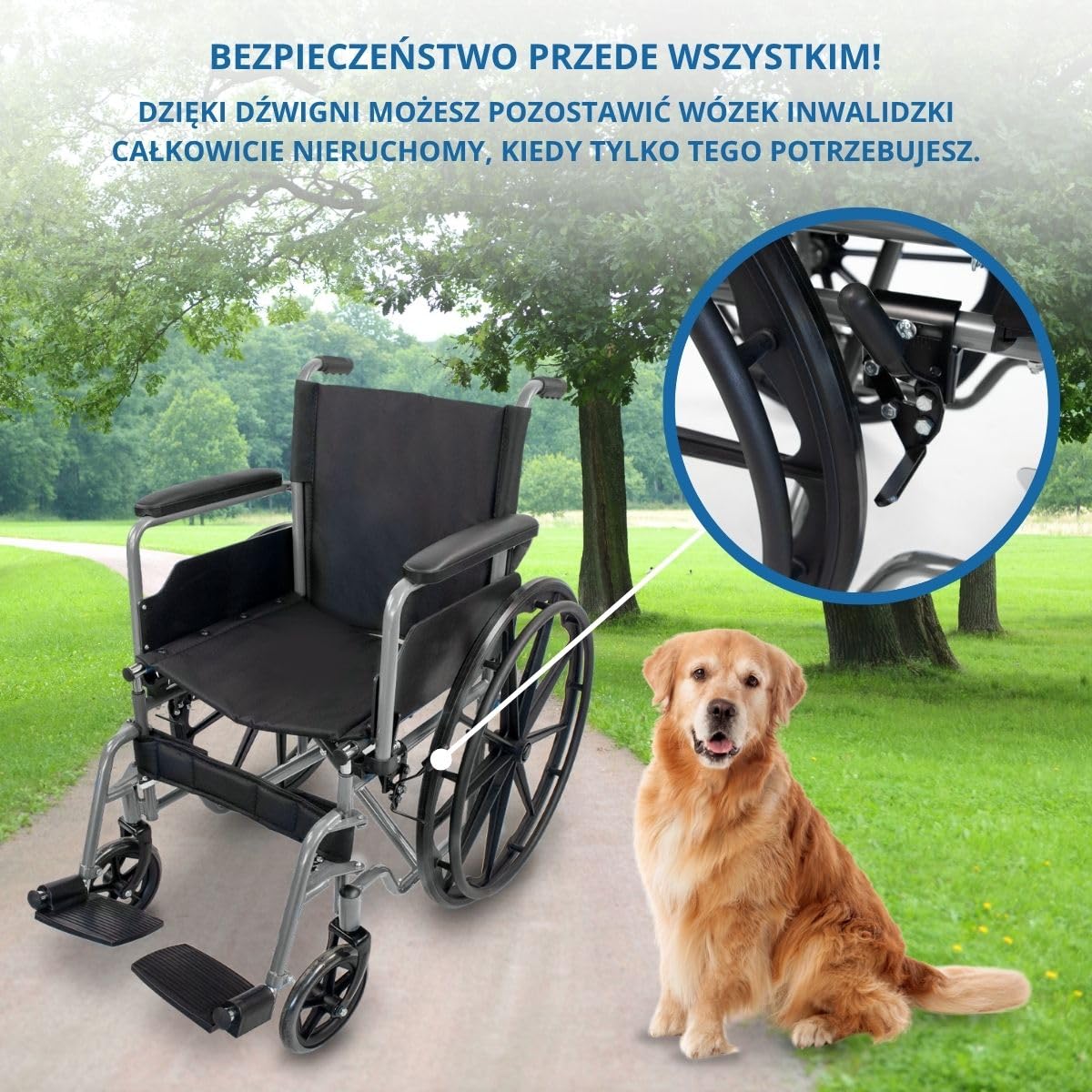 Mobiclinic®, Składany wózek inwalidzki, Marsella, Kółka z możliwością szybkiego zwolnienia po naciśęciu przycisku, Stabilny, Siedzisko 46 cm, Dźwignia hamulca, Srebrny
