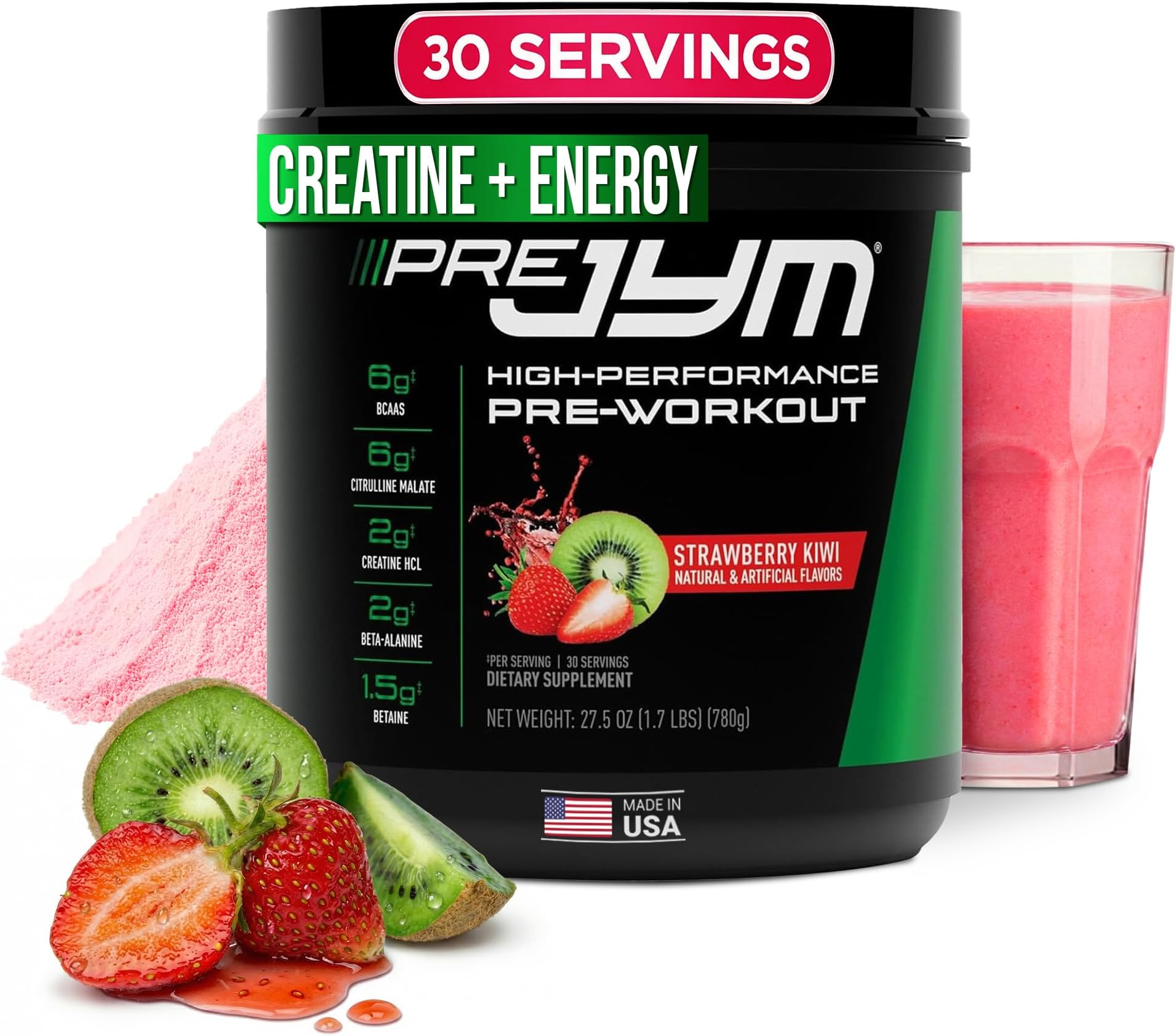 JYM Supplement Science Pre JYM Strawberry Kiwi Pre Workout Powder - BCAAs, Nootropics, Creatine HCI, Citrulline, Beta-Alanine, Betaine, Taurine, Huperzine 30 Servings
