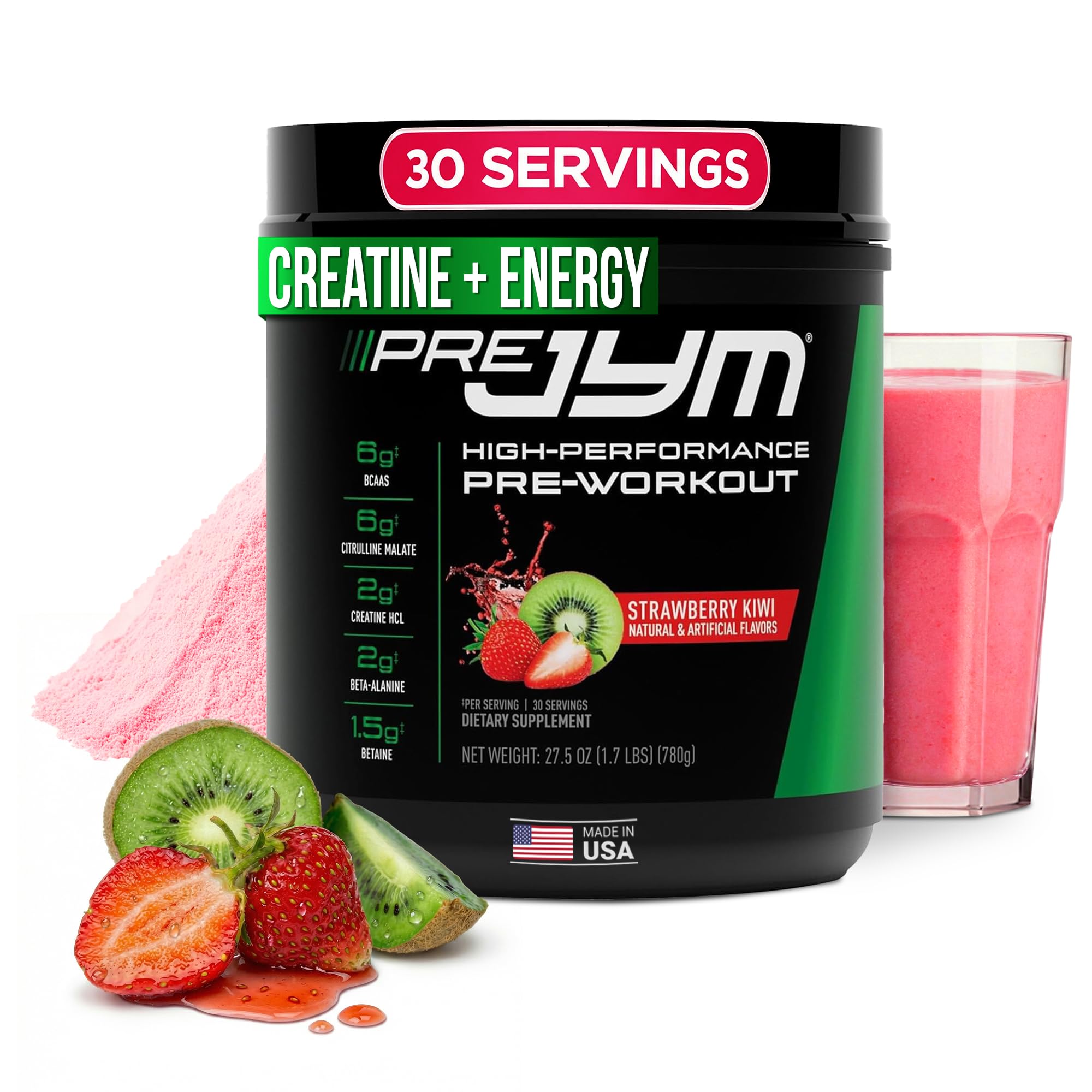 Pre JYM Strawberry Kiwi Pre Workout Powder - BCAAs, Nootropics, Creatine HCI, Citrulline, Beta-Alanine, Betaine, Taurine, Huperzine 30 Servings