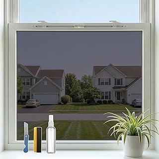 Window Privacy Film Sun Blocking Heat Control One Way Privacy Window Film Static Cling No Glue Removable Window Tint for Home Office UV Blocking Black-Silver 17.5" W x 78.7" L