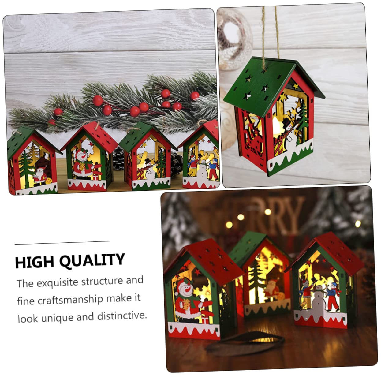 TOPBATHY 2 Set Luminous Xmas Wooden House Pendant Decorative DIY Christmas Tree Ornaments for Festive Home Decor 4 Pezzi * 2