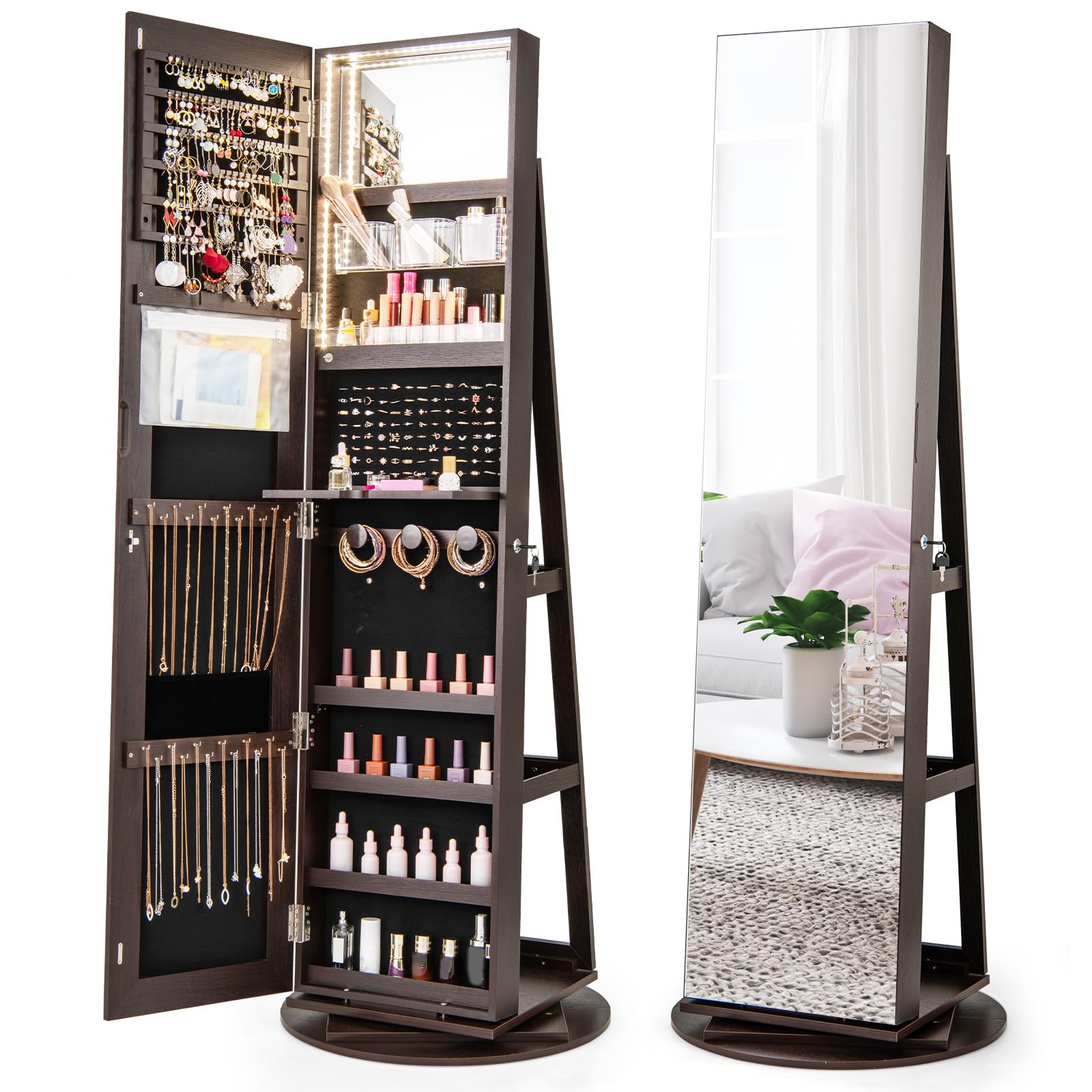COSTWAY 360° Swivel Jewelry Cabinet, Lockable Jewelry Armoire Storage Unit with Full-Length Mirror & 3-Color Auto-on LED Lights, Home Bedroom Dressing Room Cosmetics Jewellery Organiser (Coffee)