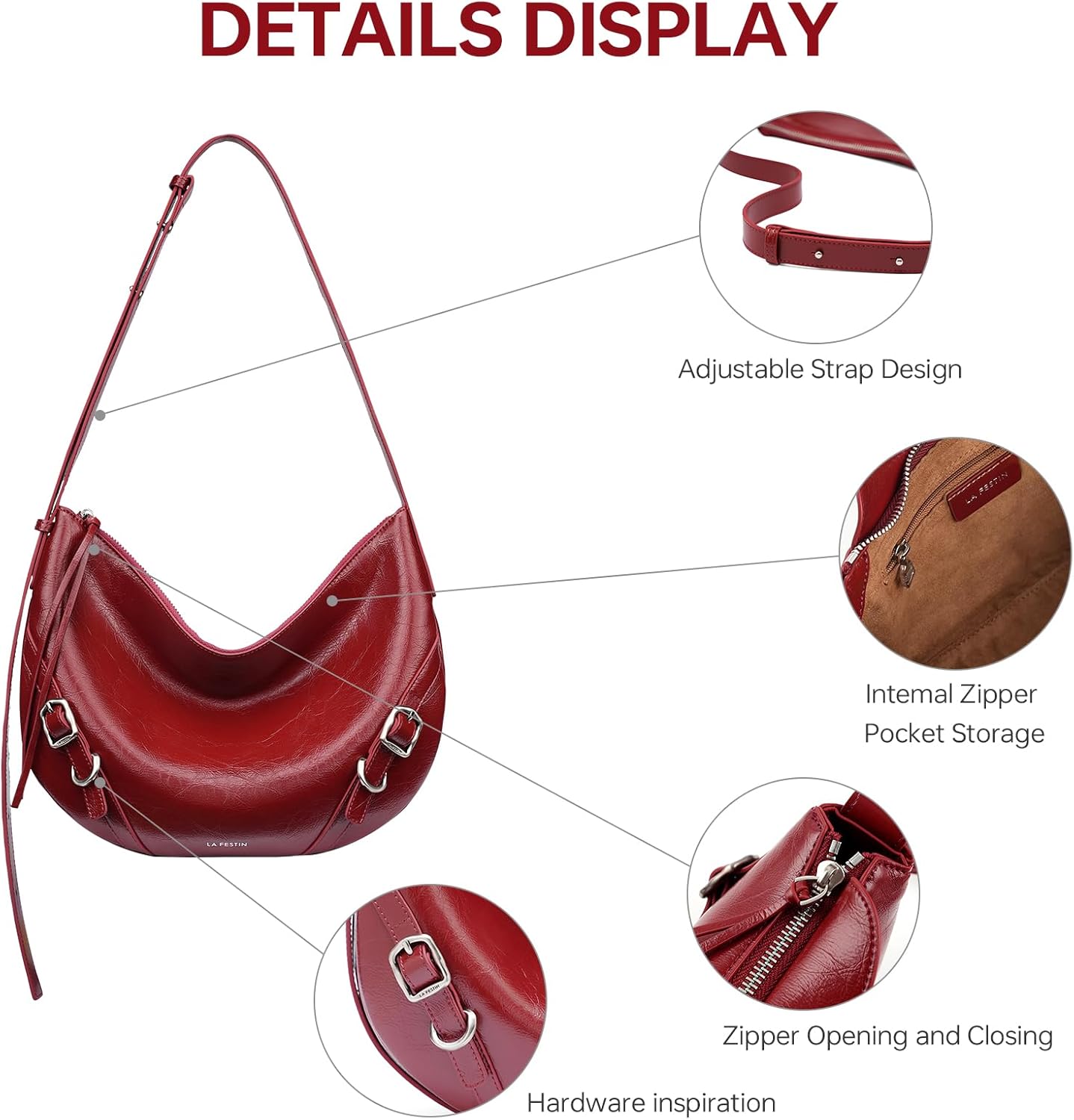LAFESTIN Shoulder Bag for Women with Adjustable Strap, Split Leather Hobo Crossbody Bags, Trendy Satchel Purse Zipper Closure - Image 3